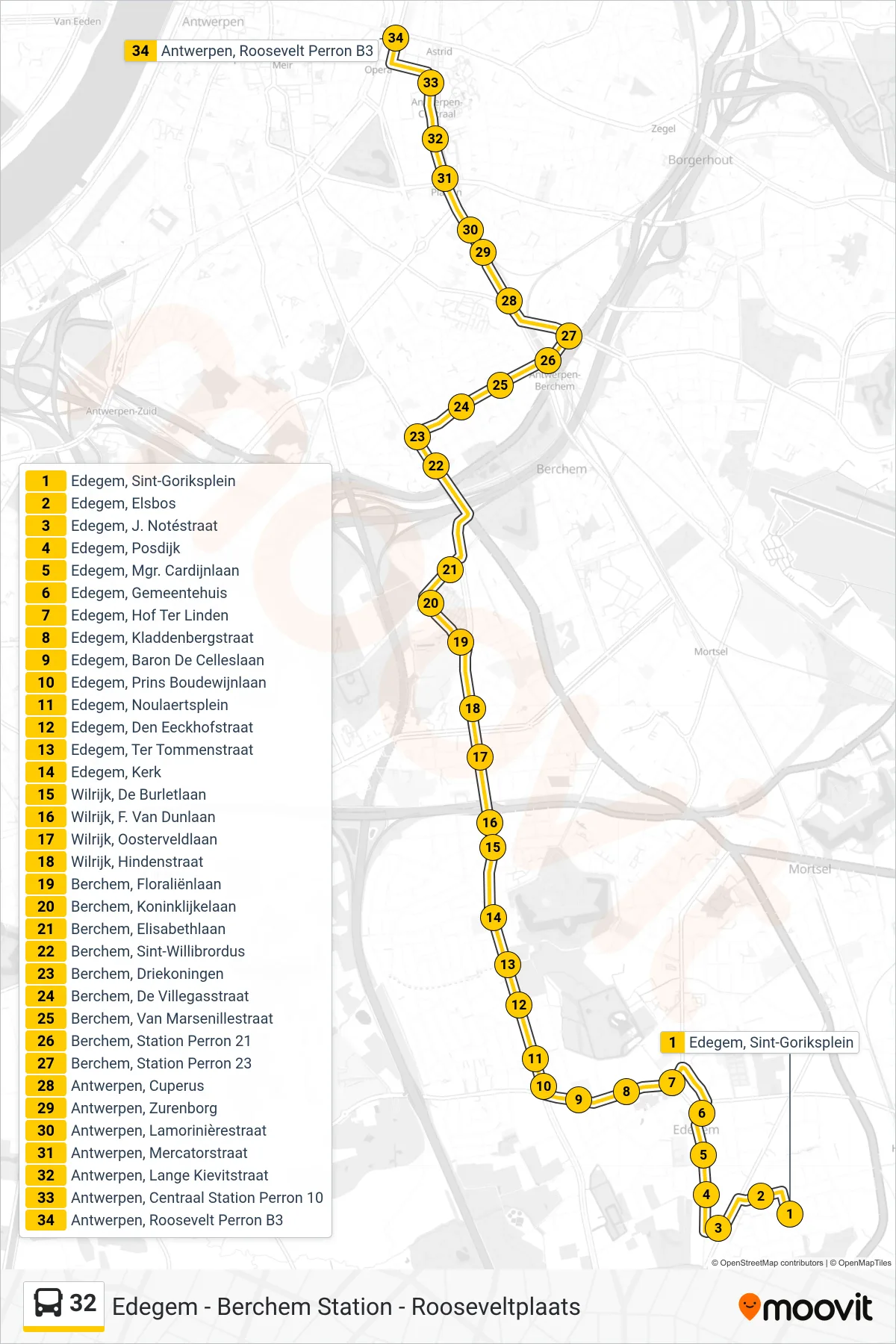 Lijn 32 (bus, Antwerpen Roosevelt Perron B3): route en haltes op de kaart