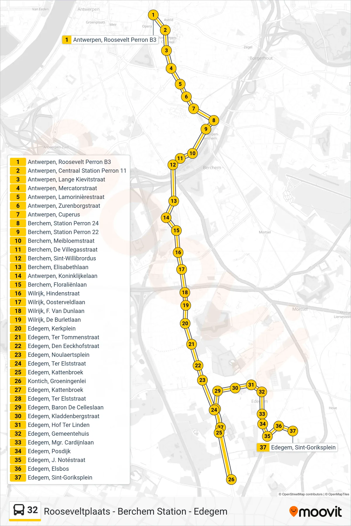 Lijn 32 (bus, Edegem Sint-Goriksplein): route en haltes op de kaart