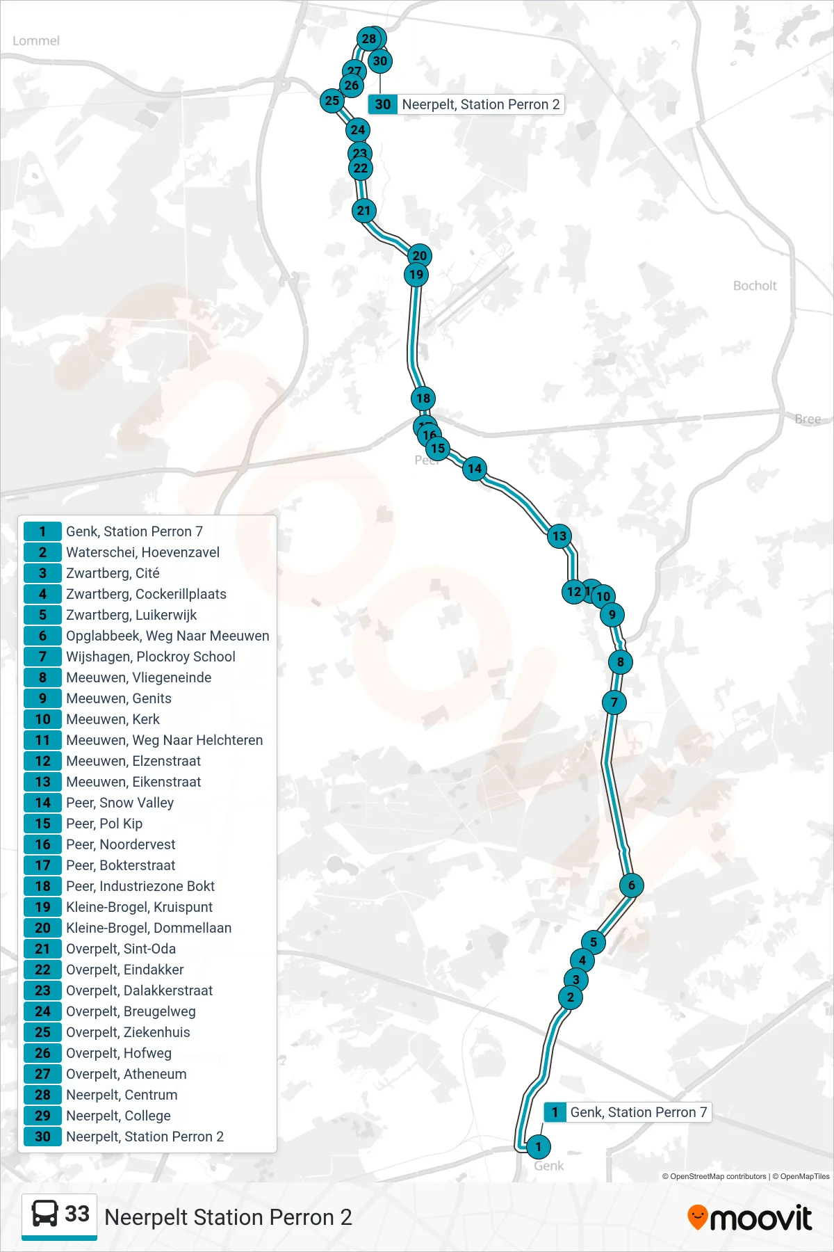 Lijn 33 (bus, Neerpelt Station Perron 2): route en haltes op de kaart