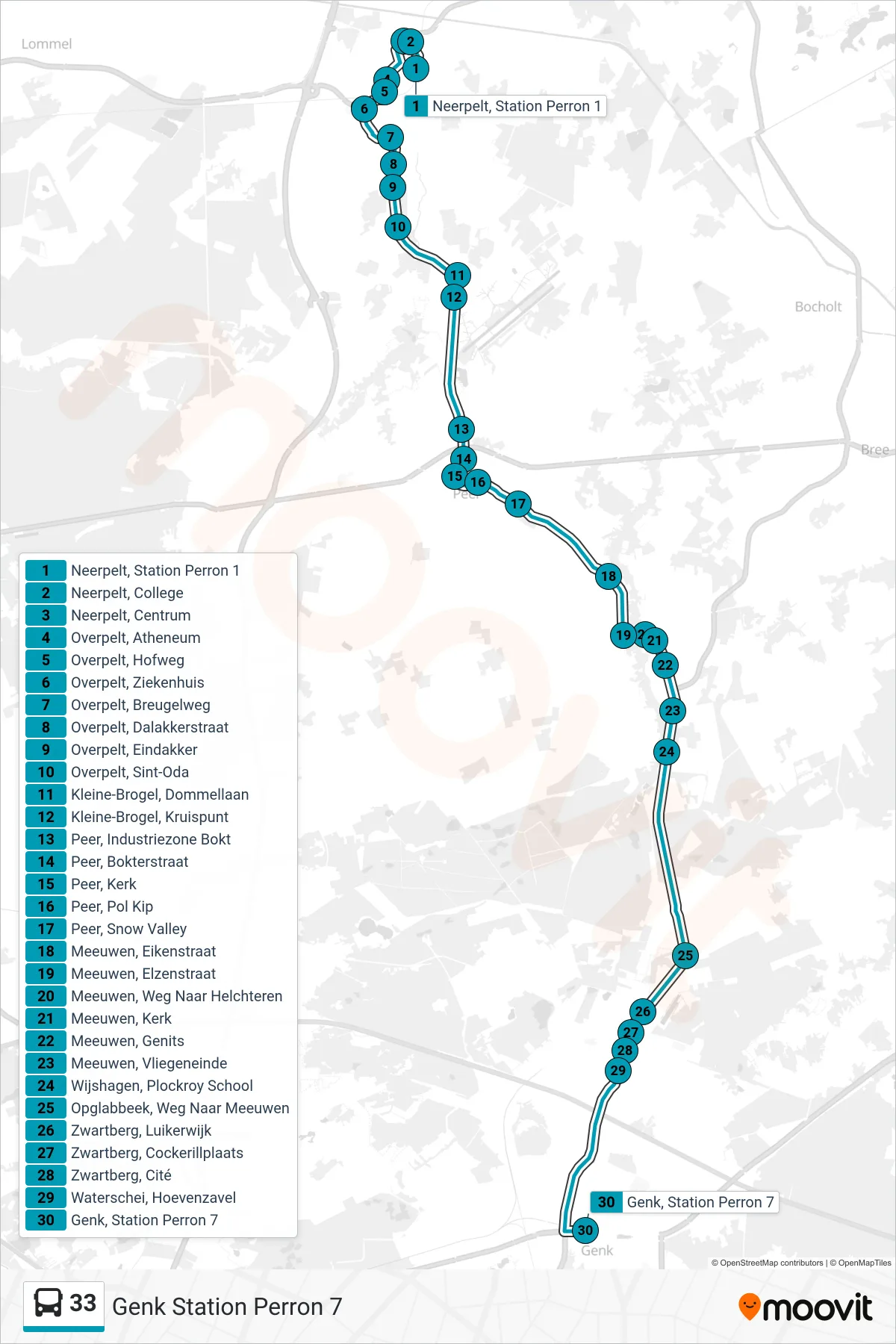 Lijn 33 (bus, Genk Station Perron 7): route en haltes op de kaart