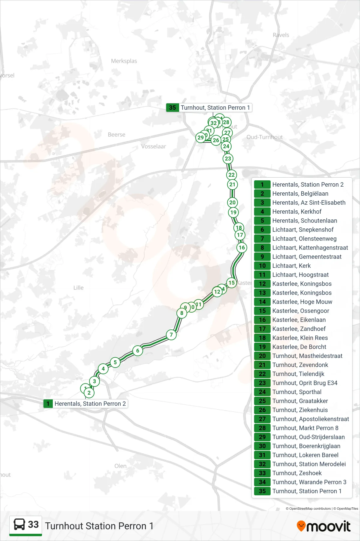 Lijn 33 (bus, Turnhout Station Perron 1): route en haltes op de kaart