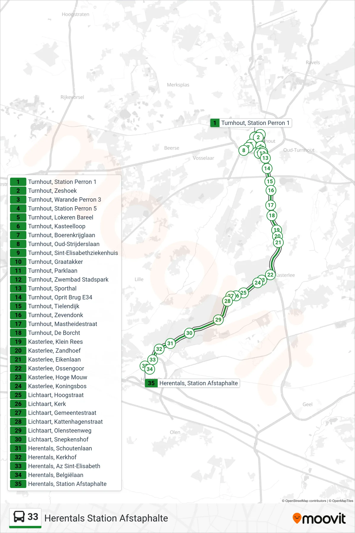 Lijn 33 (bus, Herentals Station Afstaphalte): route en haltes op de kaart