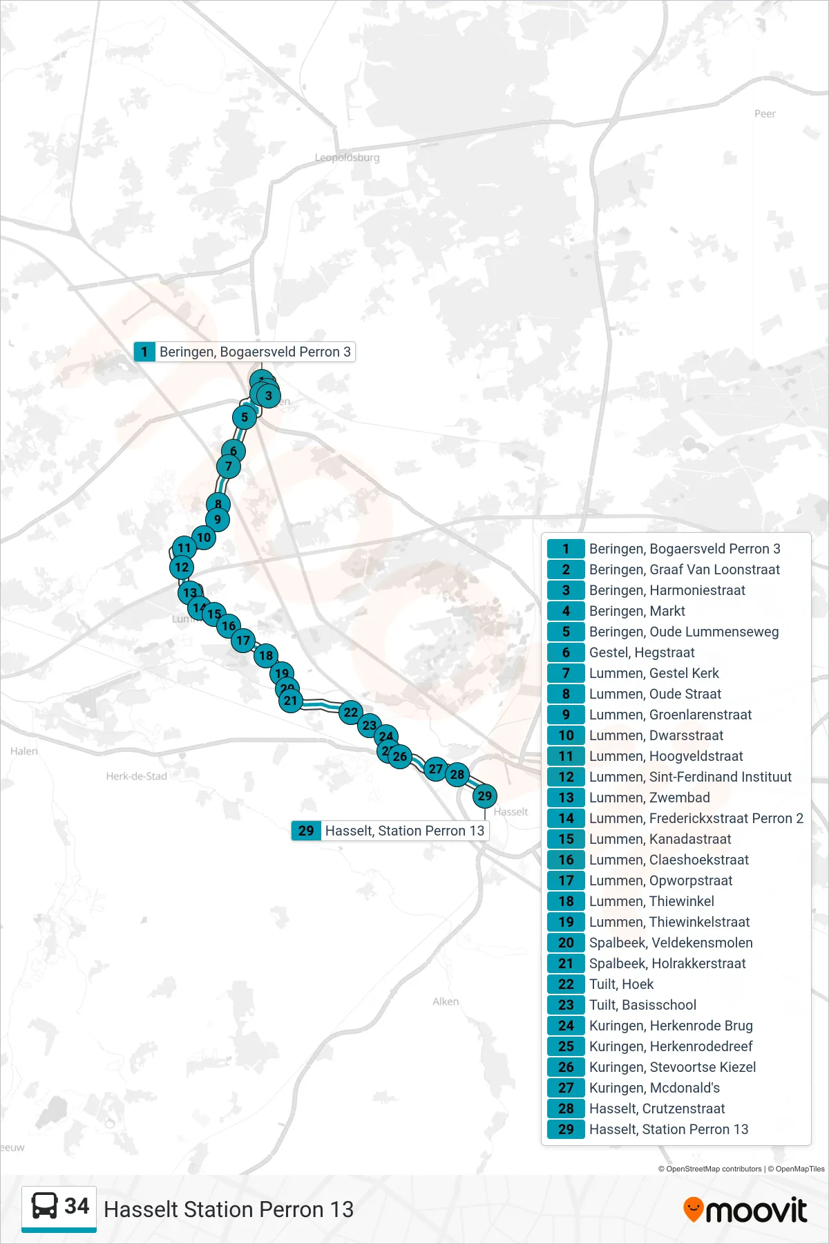 Lijn 34 (bus, Hasselt Station Perron 13): route en haltes op de kaart