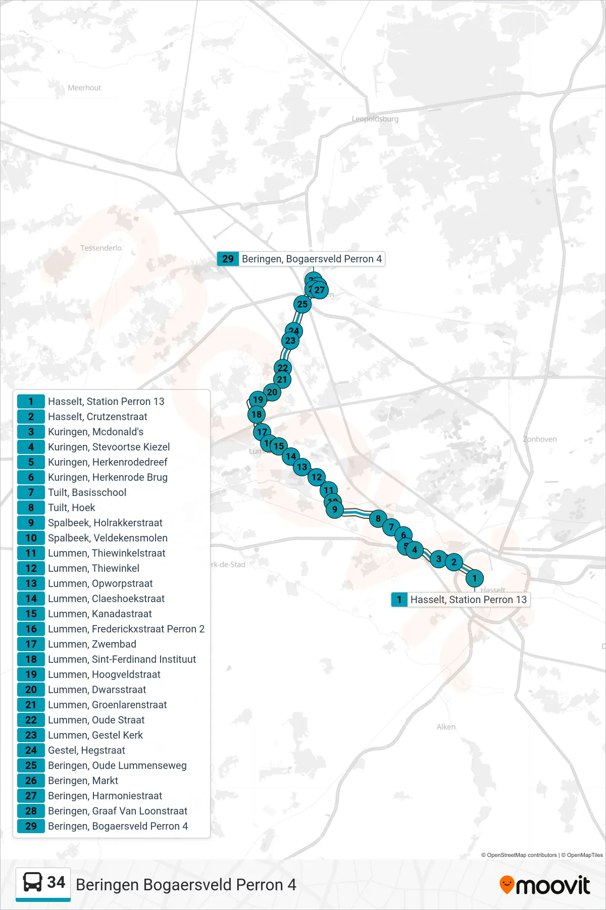 Lijn 34 (bus, Beringen Bogaersveld Perron 4): route en haltes op de kaart