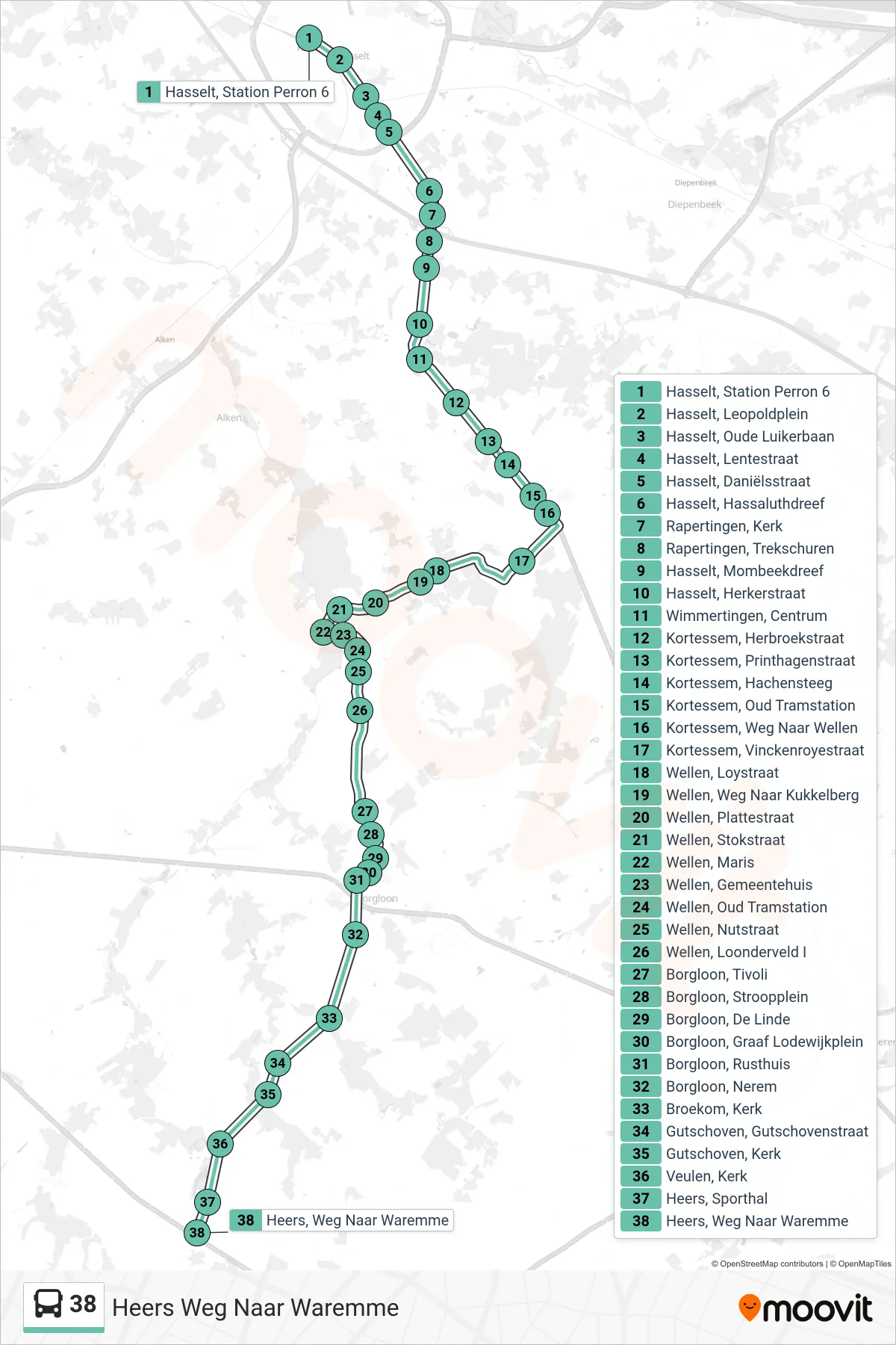 Lijn 38 (bus, Heers Weg Naar Waremme): route en haltes op de kaart