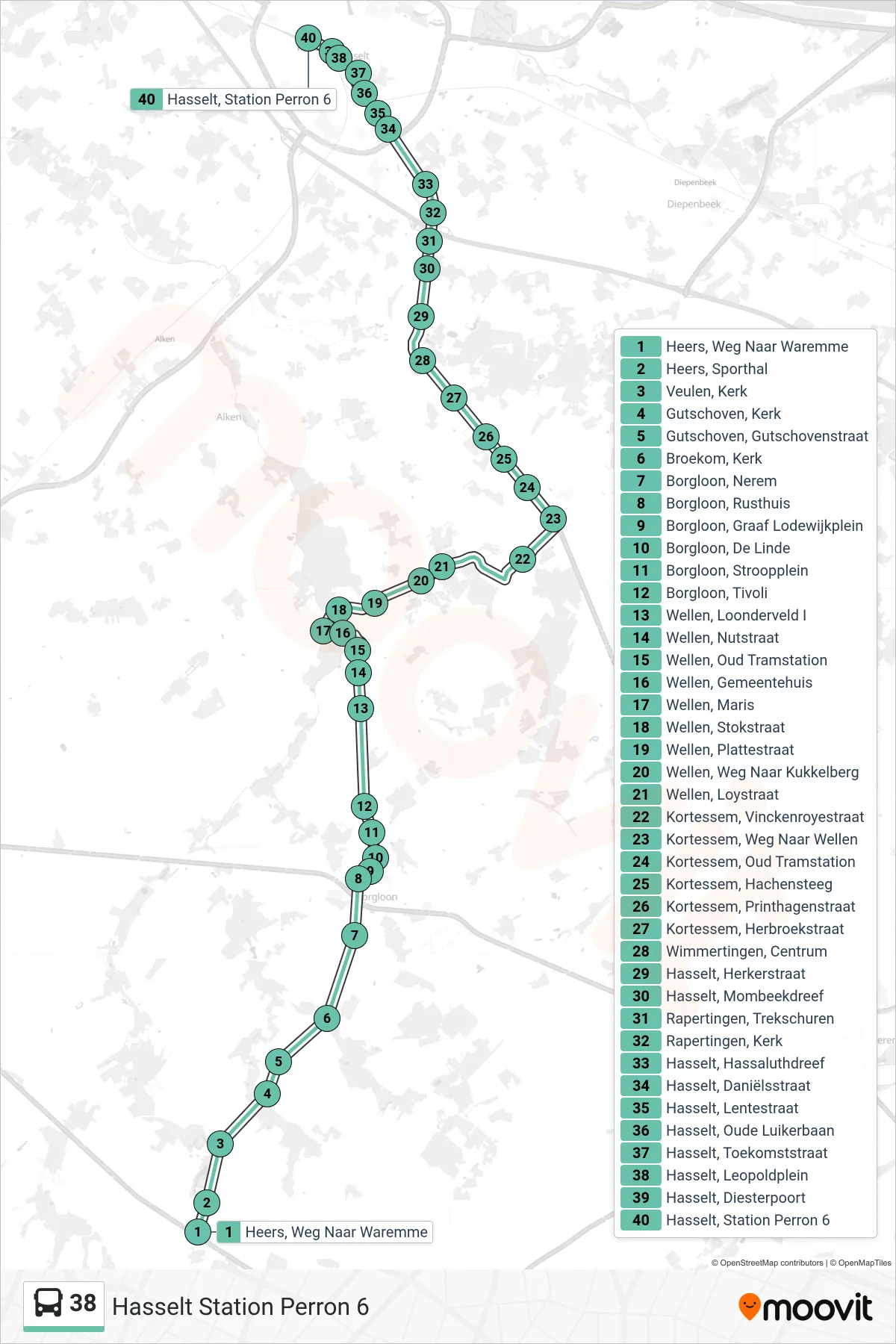 Lijn 38 (bus, Hasselt Station Perron 6): route en haltes op de kaart