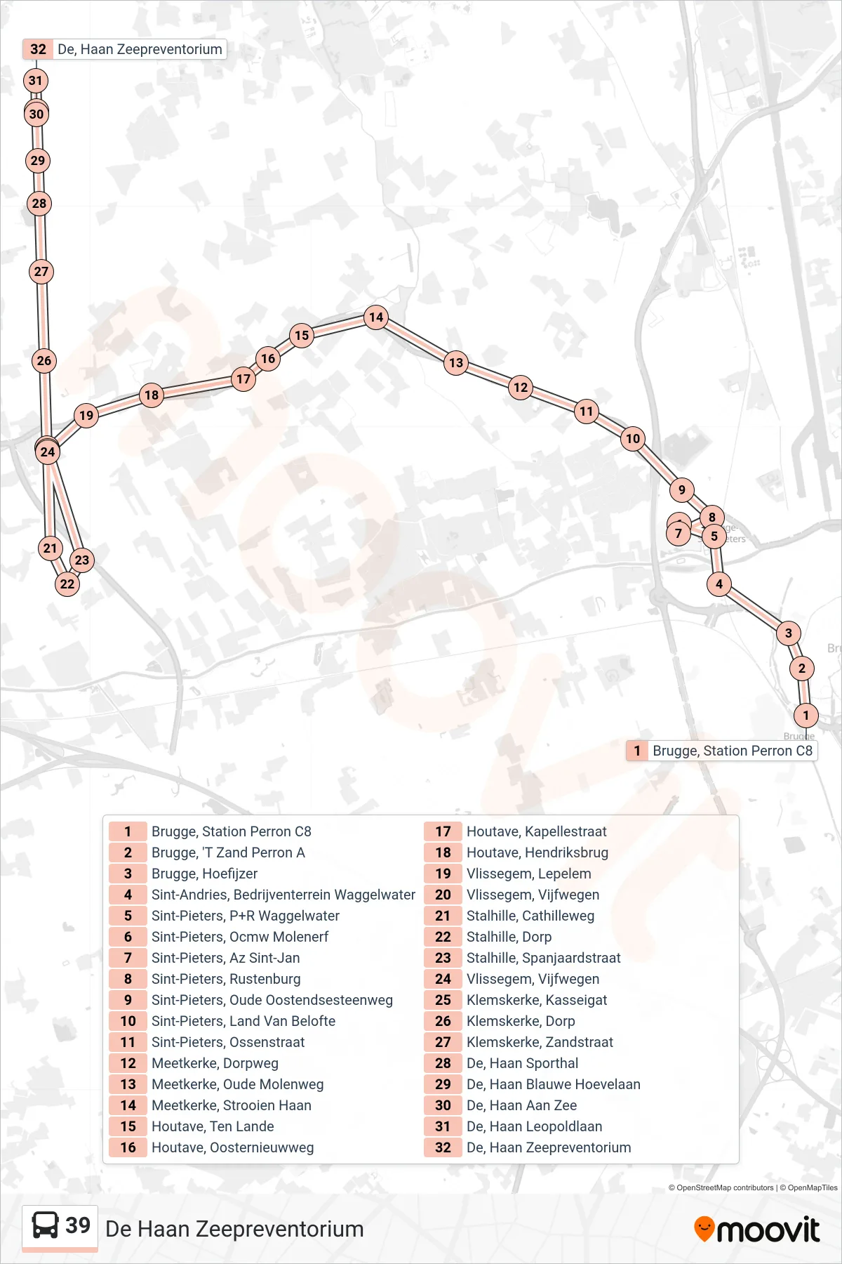 Lijn 39 (bus, De Haan Zeepreventorium): route en haltes op de kaart