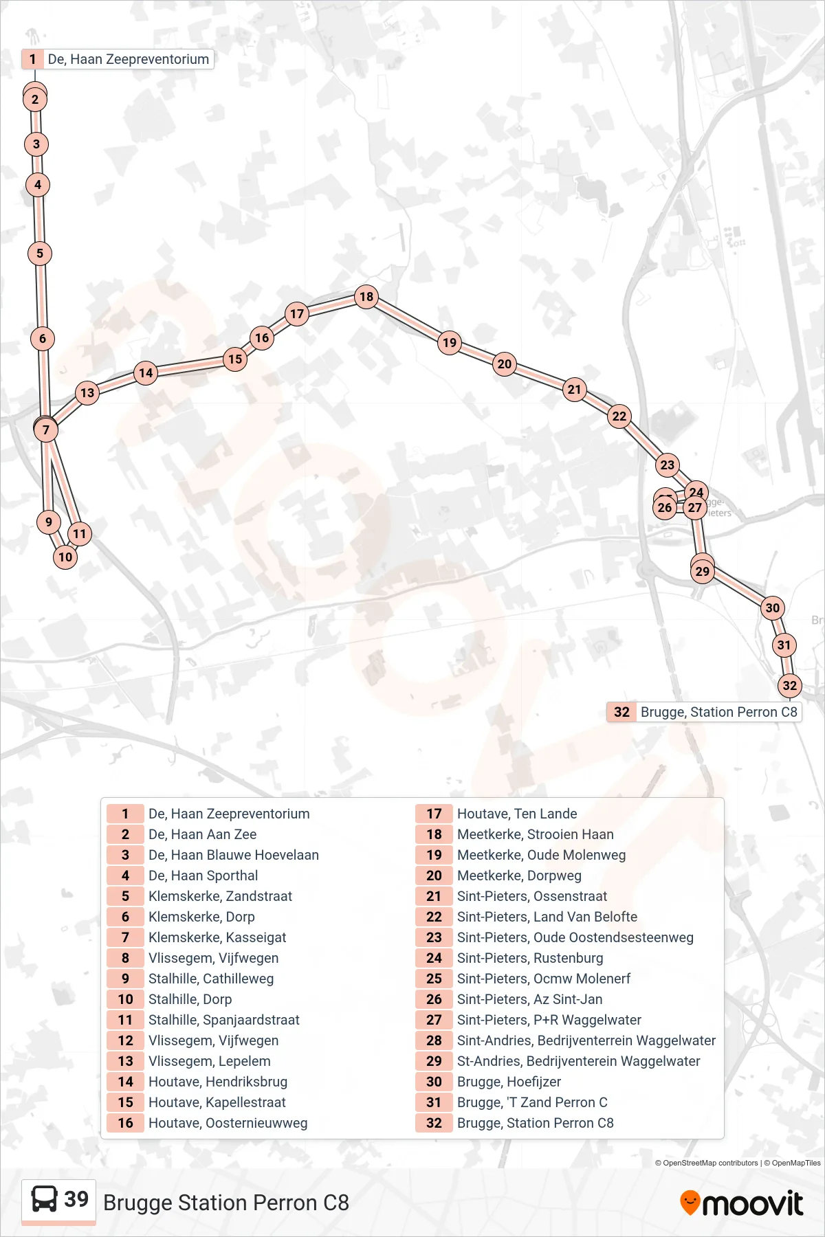 Lijn 39 (bus, Brugge Station Perron C8): route en haltes op de kaart