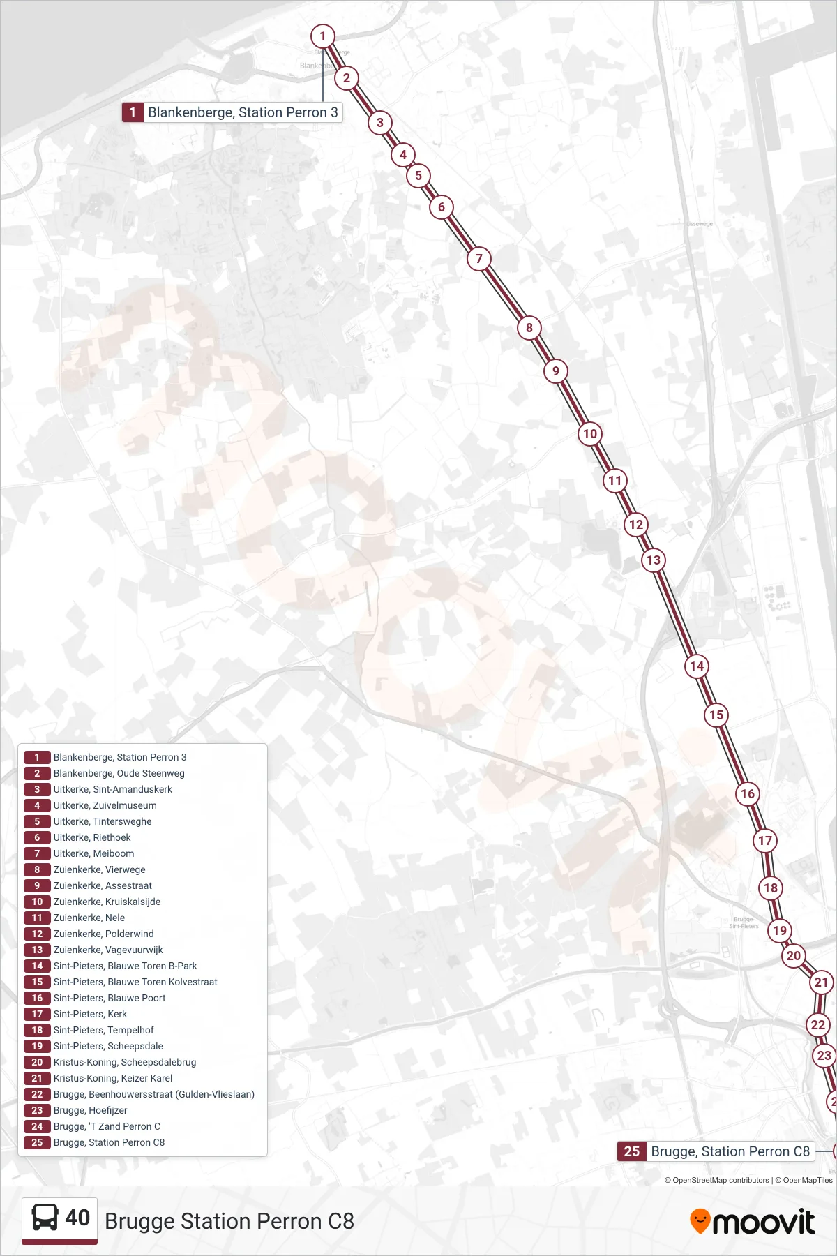 Lijn 40 (bus, Brugge Station Perron C8): route en haltes op de kaart