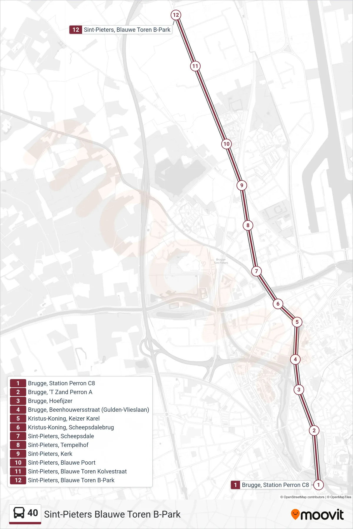 40 bus Line (Sint-Pieters Blauwe Toren B-Park) route and stops on a map