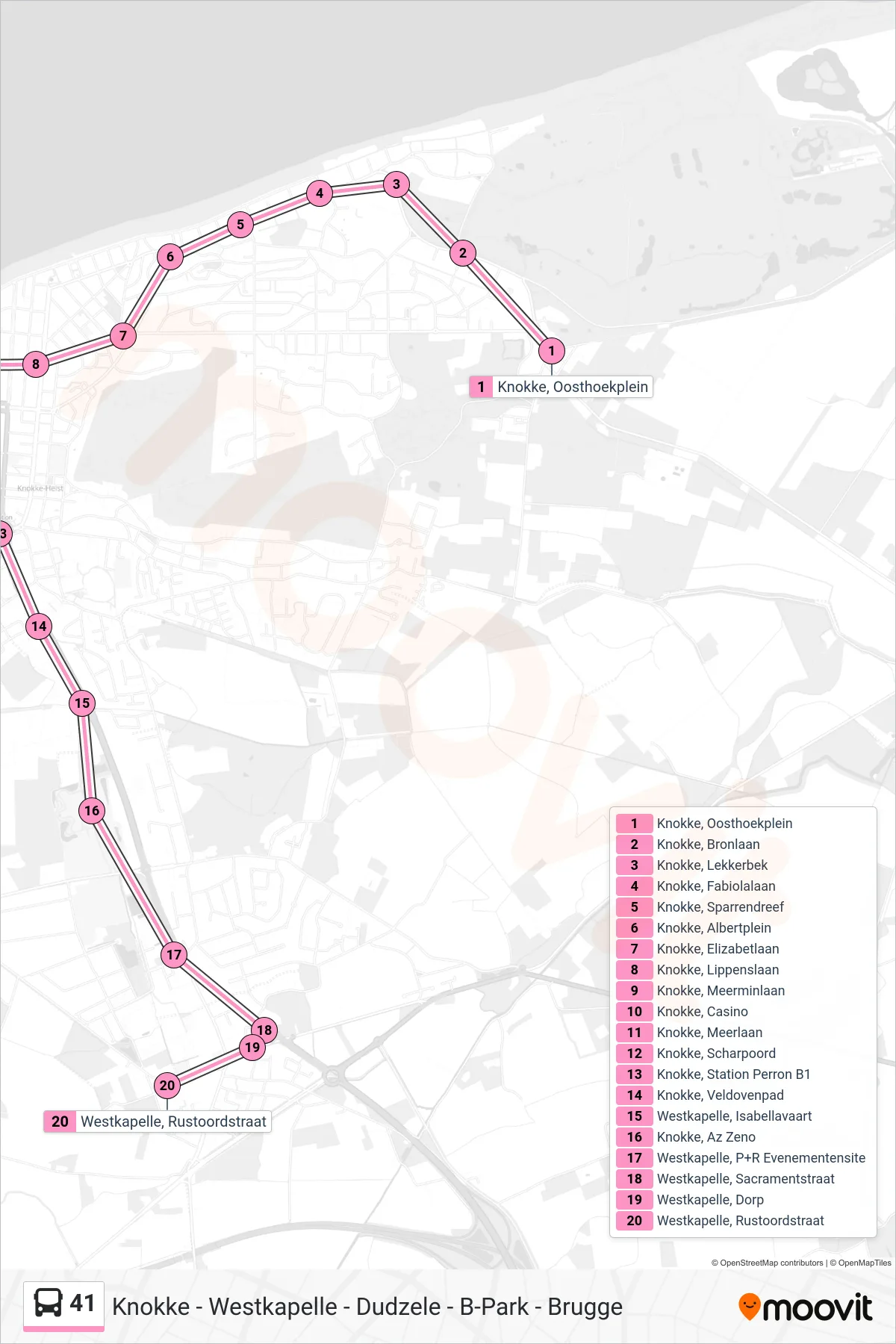 41 bus Line (Westkapelle Rustoordstraat) route and stops on a map