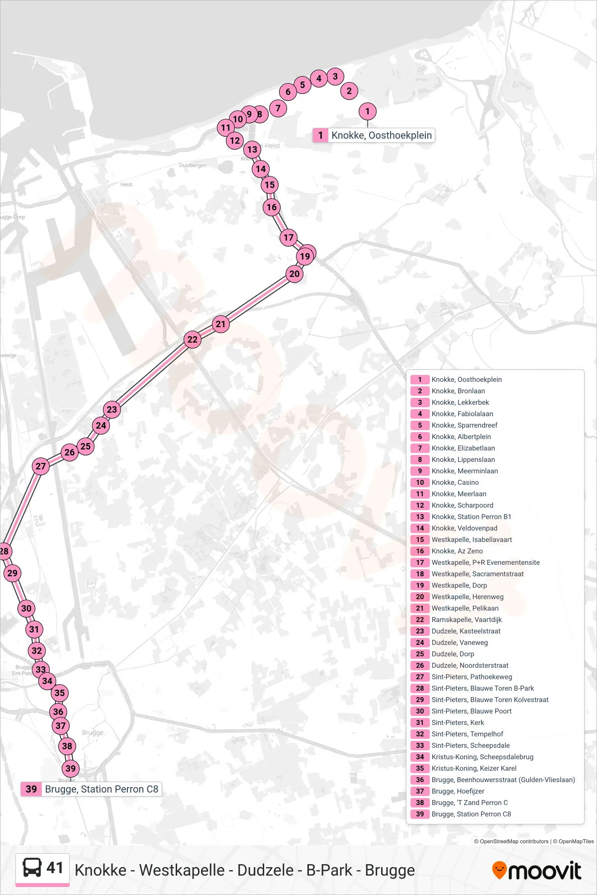 Lijn 41 (bus, Brugge Station Perron C8): route en haltes op de kaart