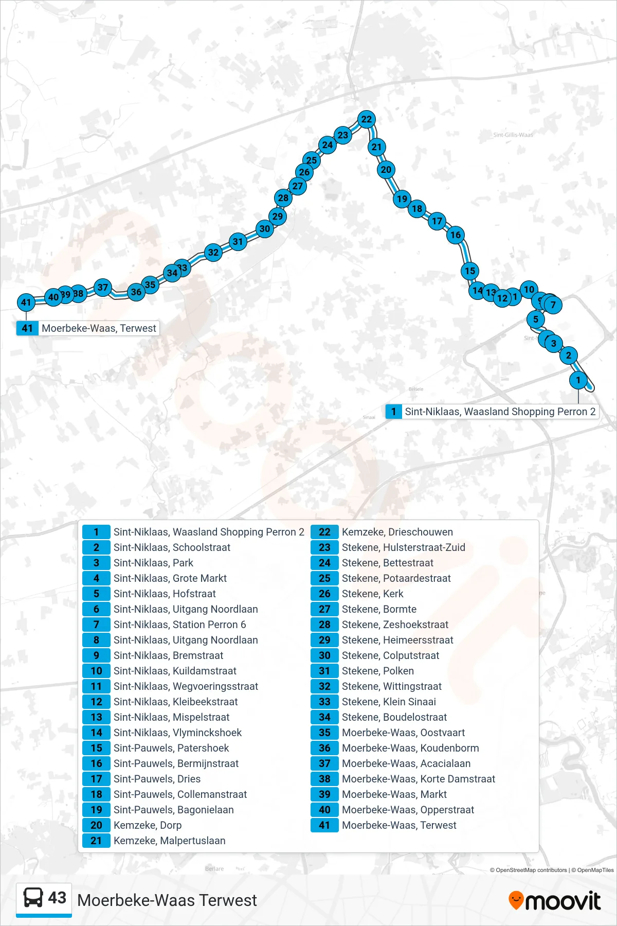 Lijn 43 (bus, Moerbeke-Waas Terwest): route en haltes op de kaart