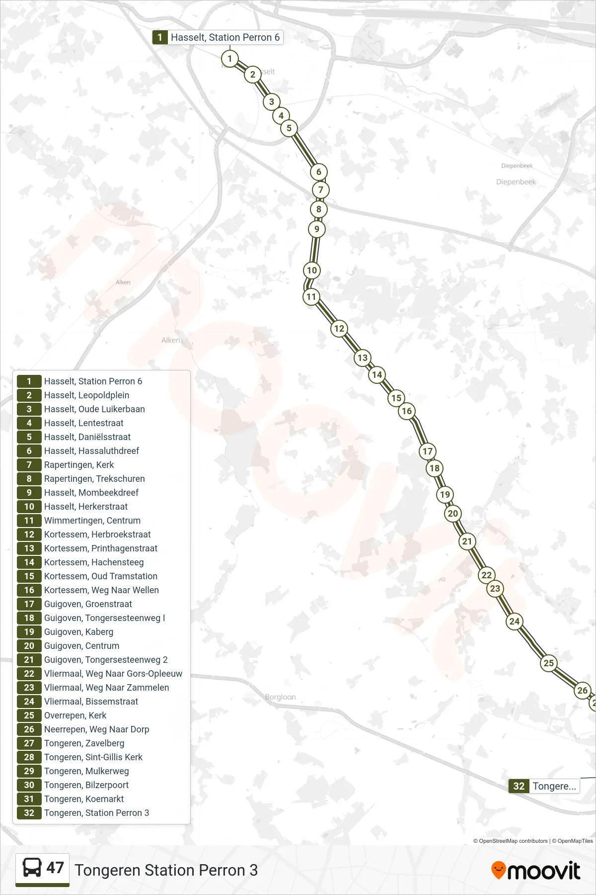 Lijn 47 (bus, Tongeren Station Perron 3): route en haltes op de kaart