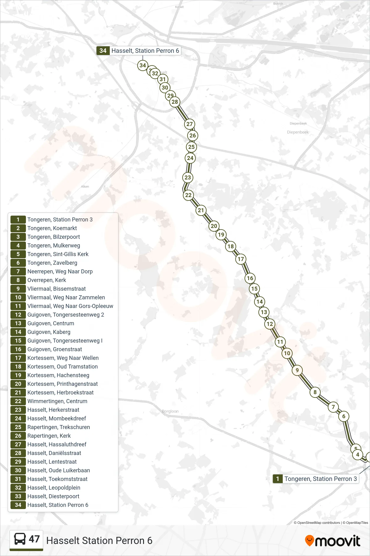 Lijn 47 (bus, Hasselt Station Perron 6): route en haltes op de kaart