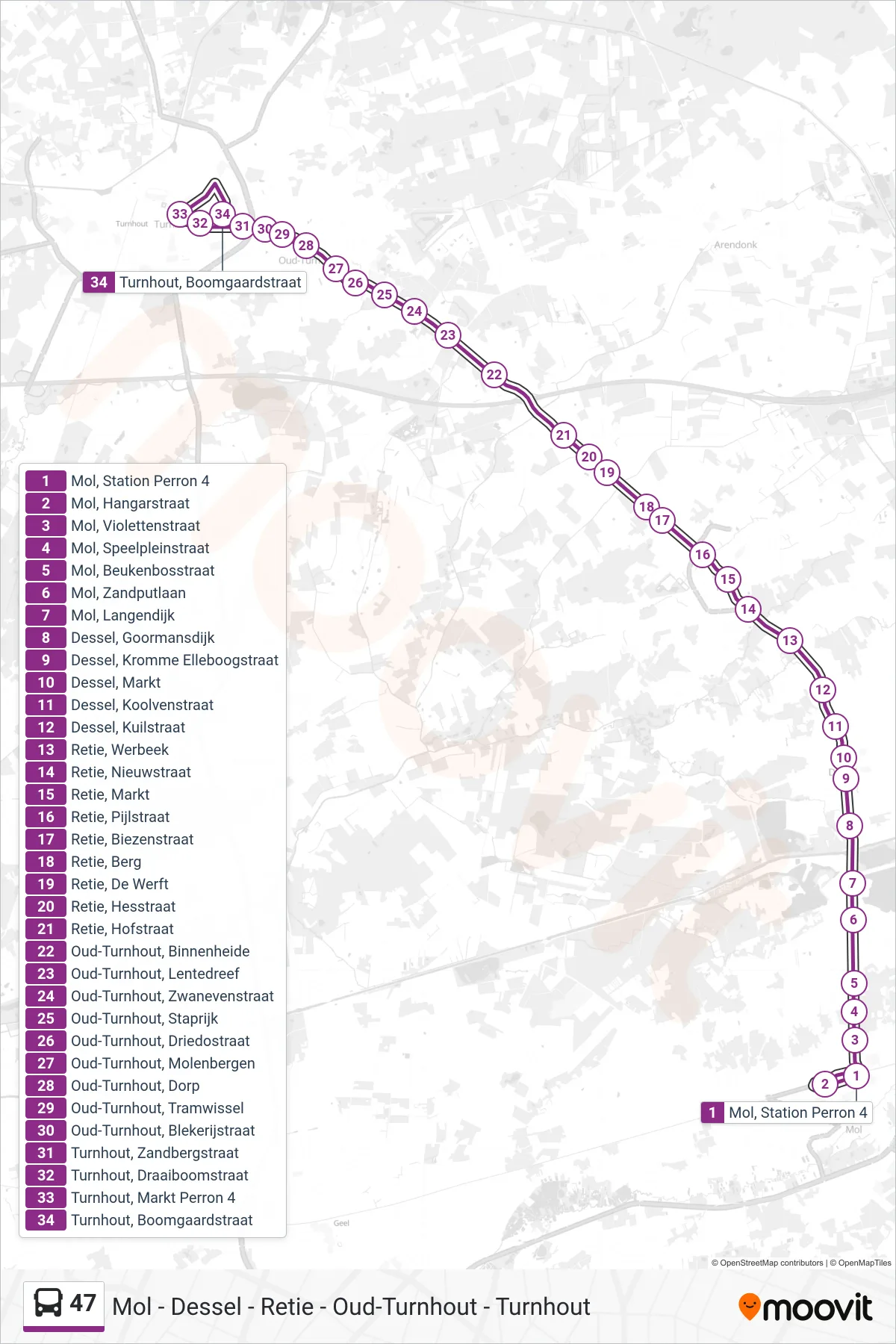 Lijn 47 (bus, Turnhout Boomgaardstraat): route en haltes op de kaart