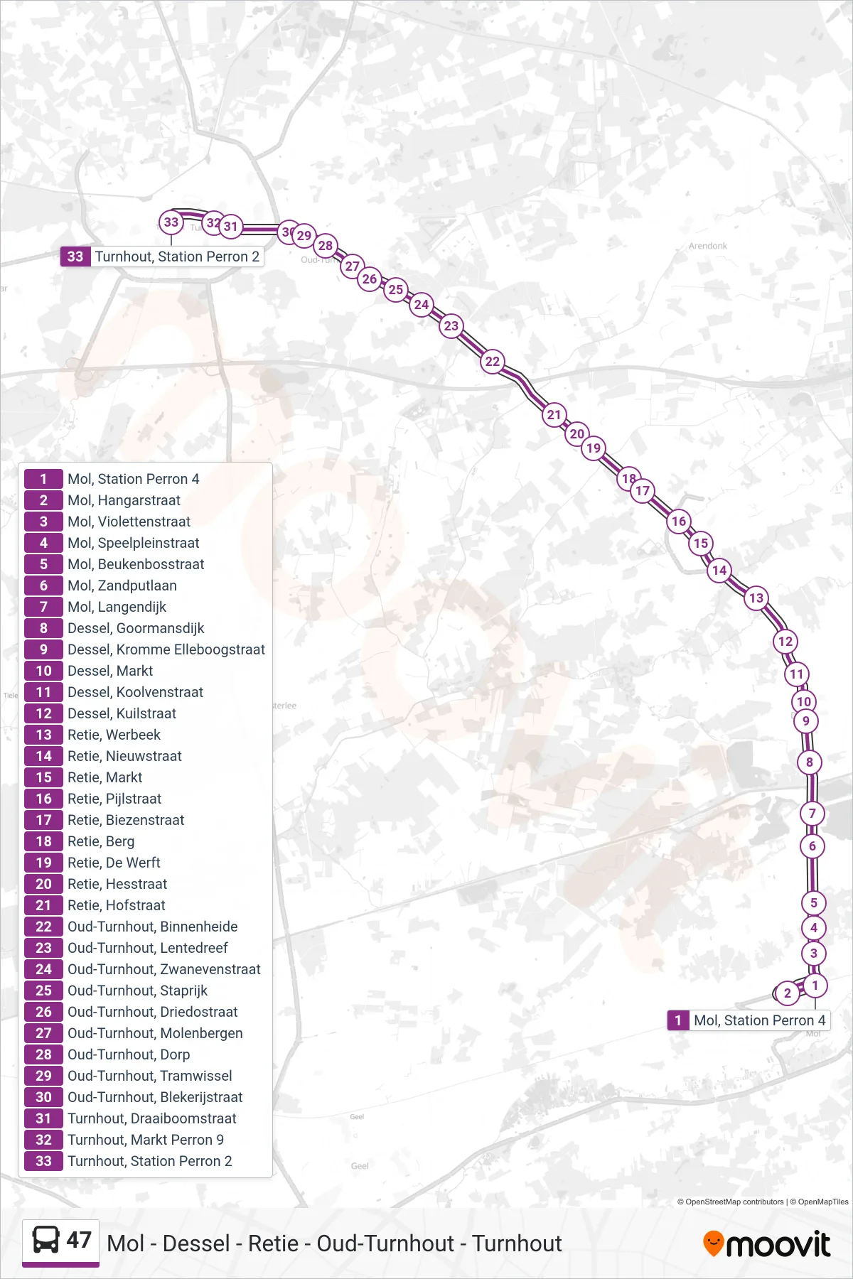 Lijn 47 (bus, Turnhout Station Perron 2): route en haltes op de kaart