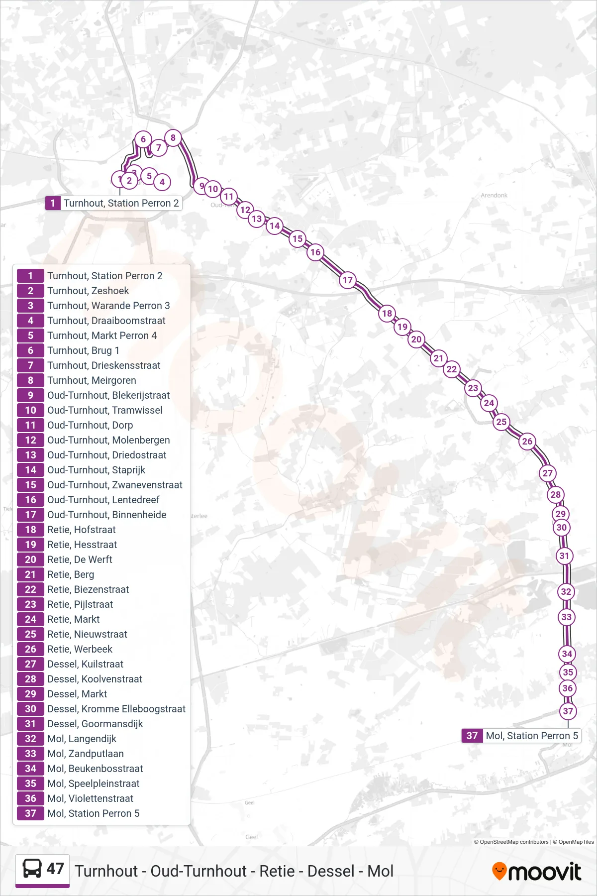 Lijn 47 (bus, Mol Station Perron 5): route en haltes op de kaart