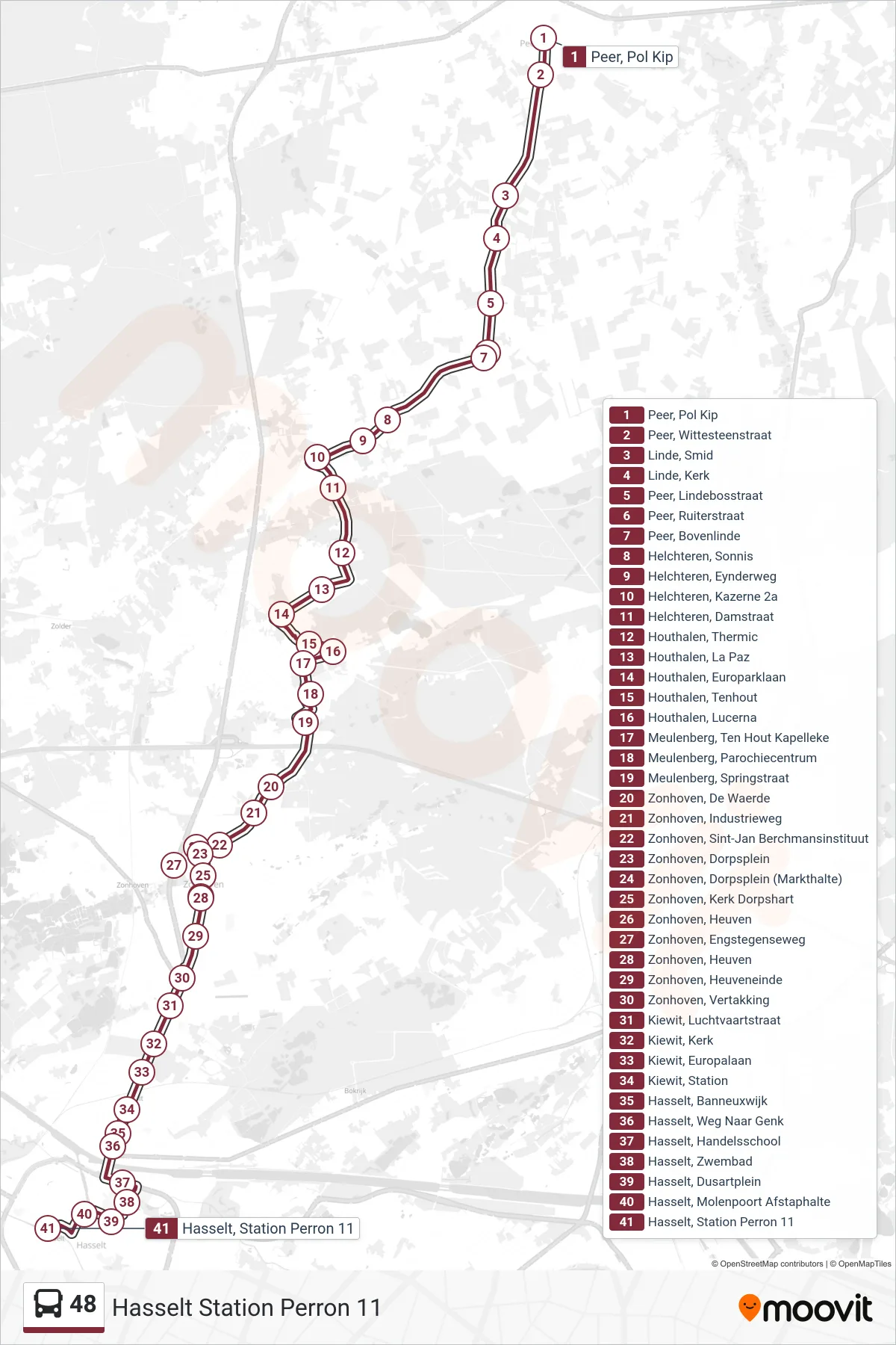 Lijn 48 (bus, Hasselt Station Perron 11): route en haltes op de kaart