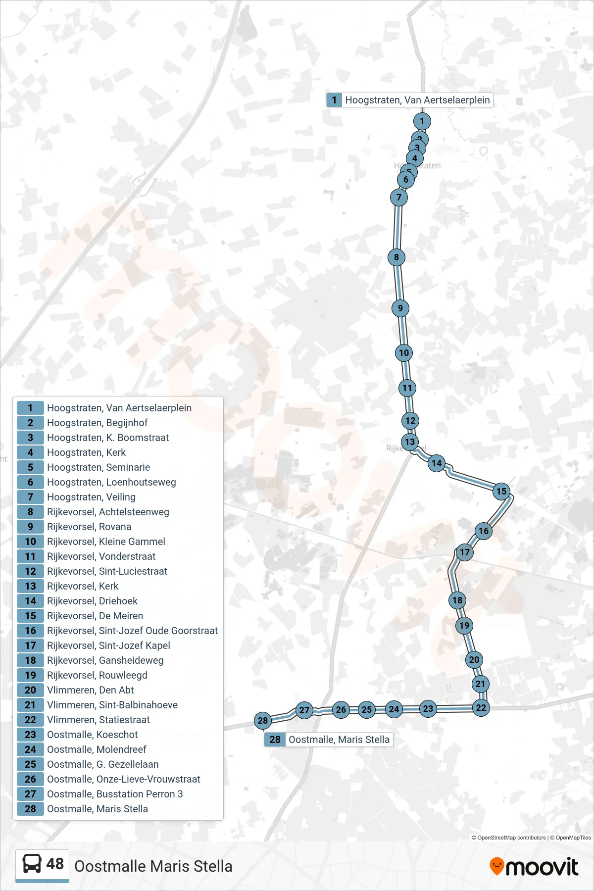 48 bus Line (Oostmalle Maris Stella) route and stops on a map