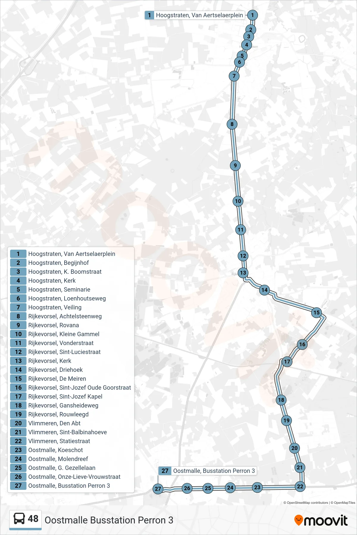 Lijn 48 (bus, Oostmalle Busstation Perron 3): route en haltes op de kaart