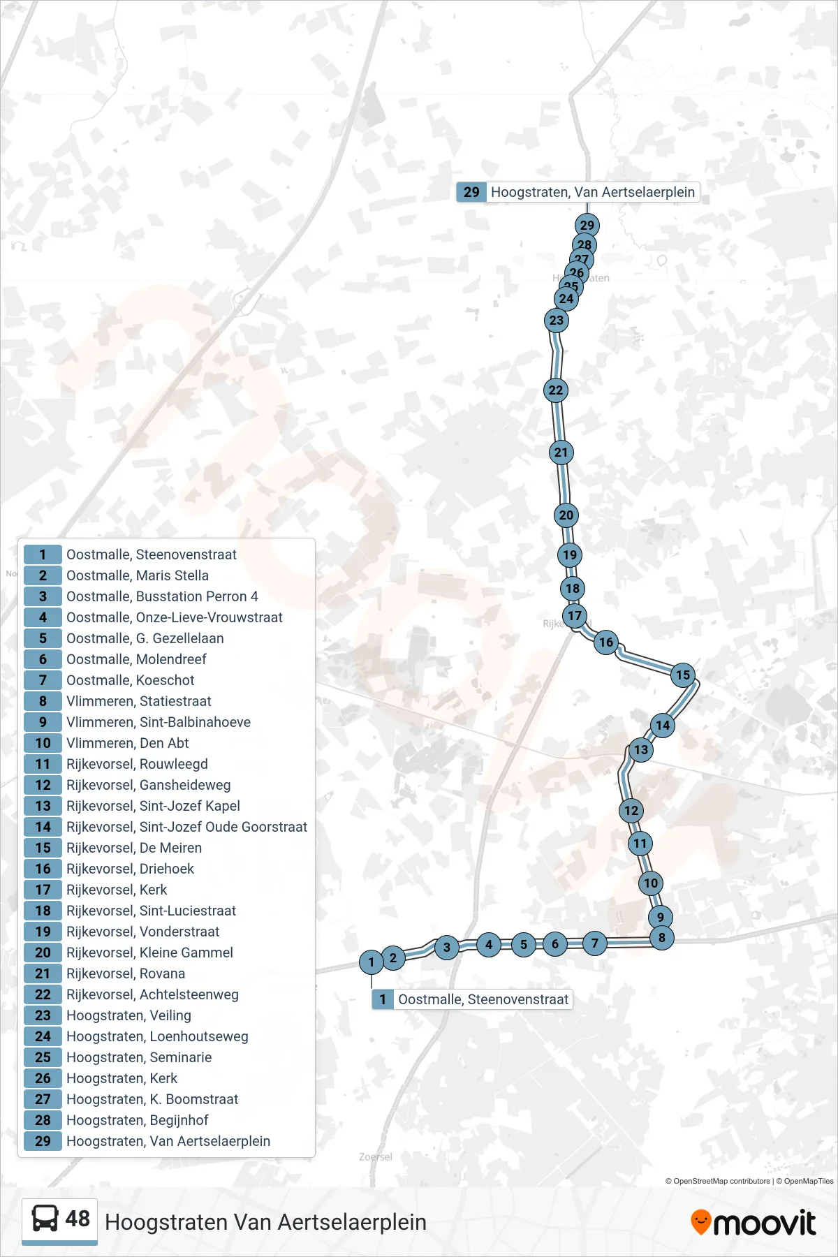 Lijn 48 (bus, Hoogstraten Van Aertselaerplein): route en haltes op de kaart