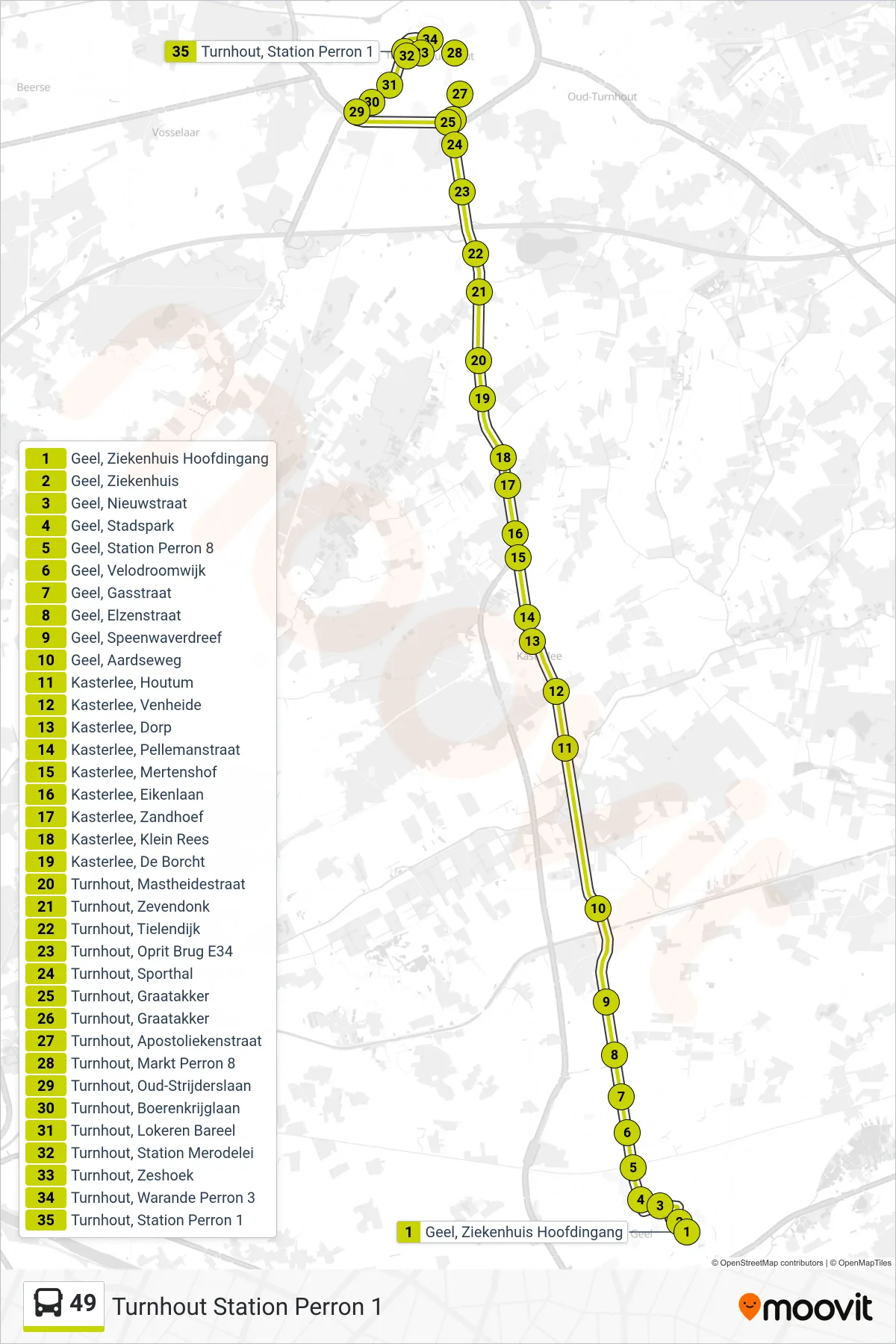 Lijn 49 (bus, Turnhout Station Perron 1): route en haltes op de kaart