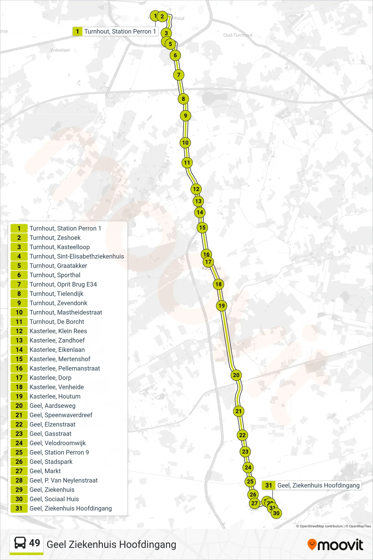 Lijn 49 (bus, Geel Ziekenhuis Hoofdingang): route en haltes op de kaart