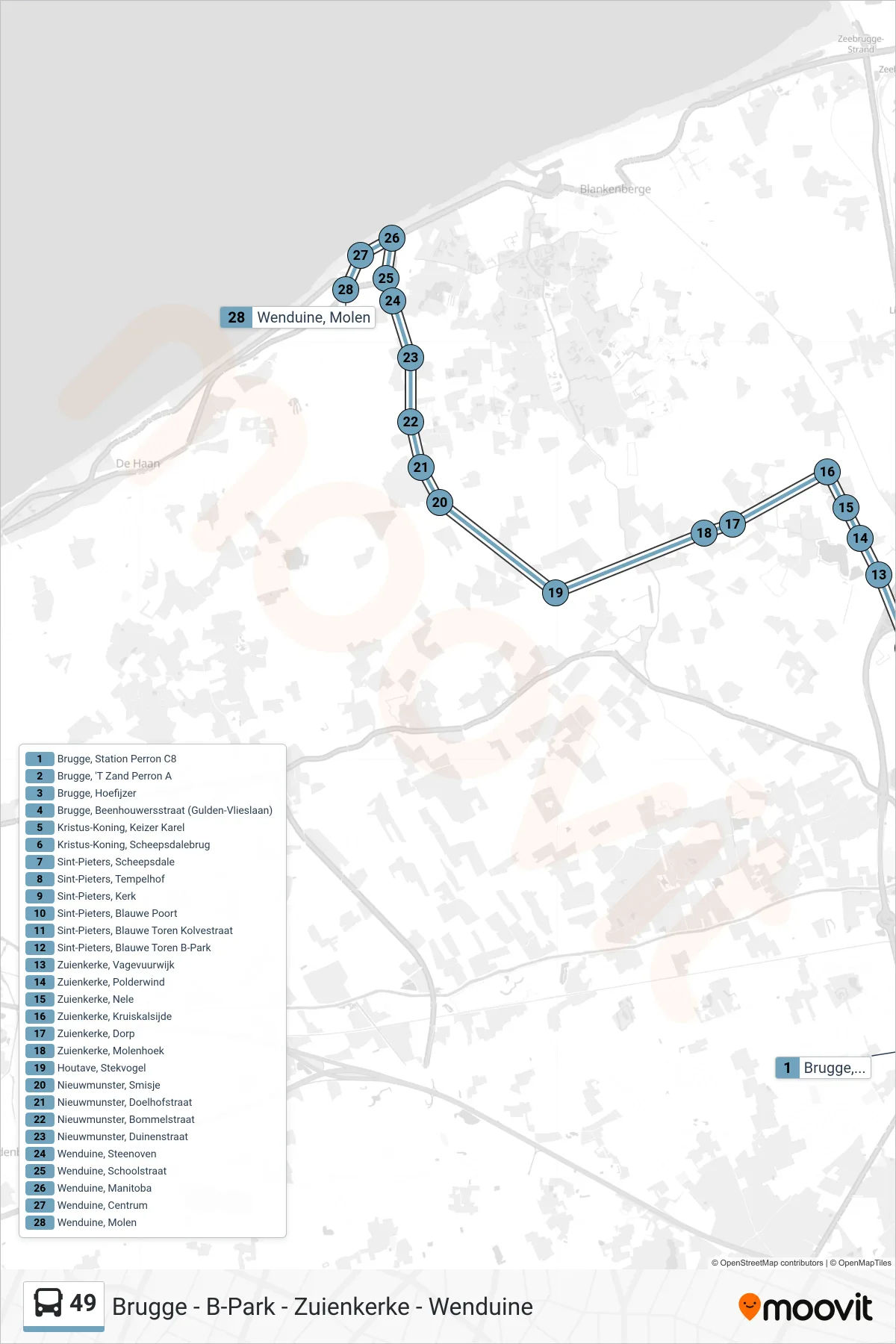 Lijn 49 (bus, Wenduine Molen): route en haltes op de kaart