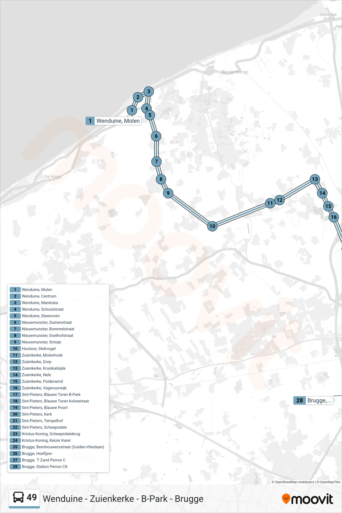 Lijn 49 (bus, Brugge Station Perron C8): route en haltes op de kaart