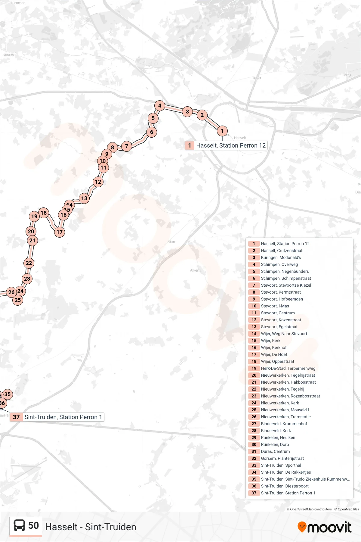 Lijn 50 (bus, Sint-Truiden Station Perron 1): route en haltes op de kaart