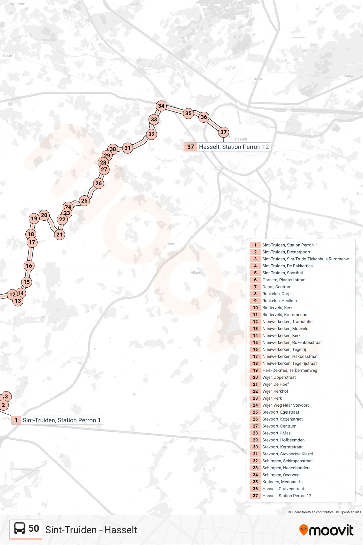 Lijn 50 (bus, Hasselt Station Perron 12): route en haltes op de kaart