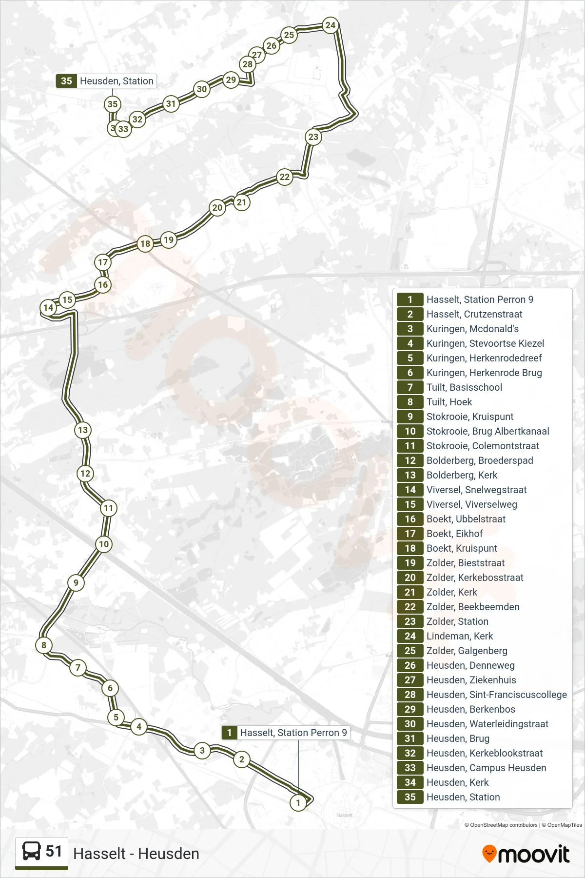 Lijn 51 (bus, Heusden Station): route en haltes op de kaart