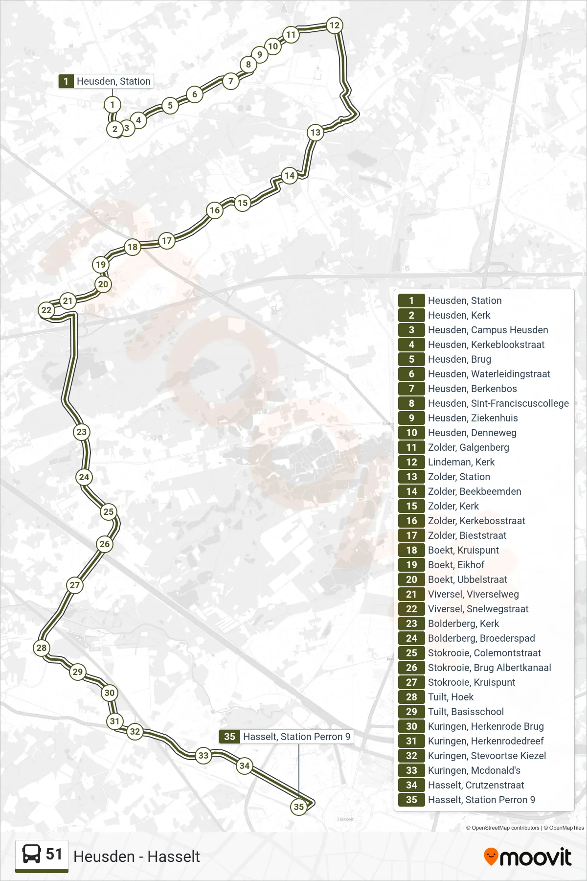Lijn 51 (bus, Hasselt Station Perron 9): route en haltes op de kaart