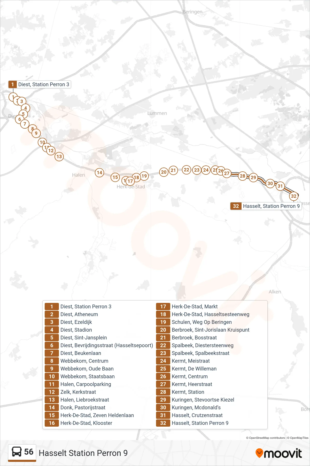 Lijn 56 (bus, Hasselt Station Perron 9): route en haltes op de kaart