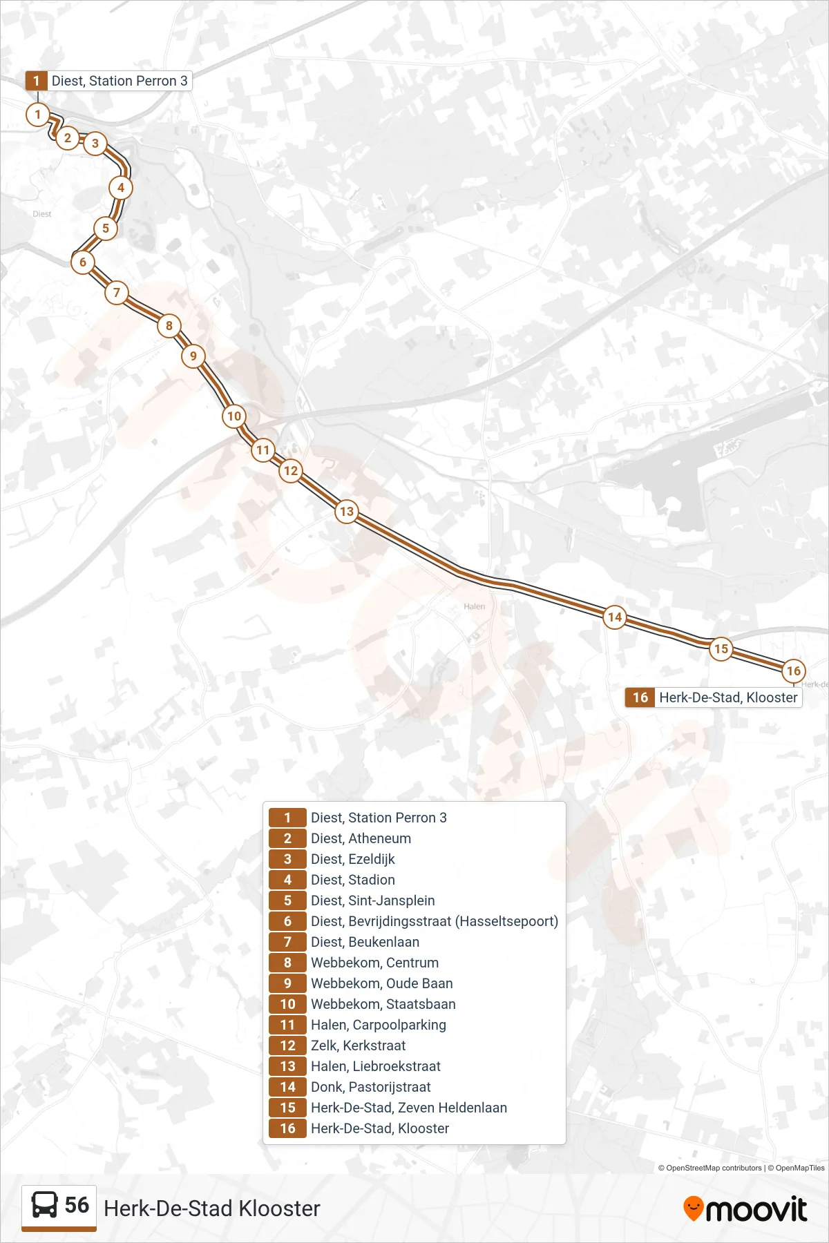 Lijn 56 (bus, Herk-De-Stad Klooster): route en haltes op de kaart