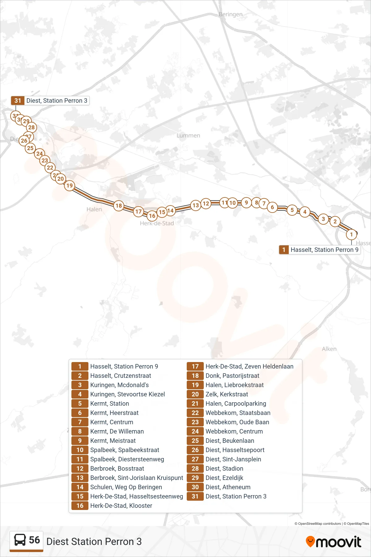 Lijn 56 (bus, Diest Station Perron 3): route en haltes op de kaart