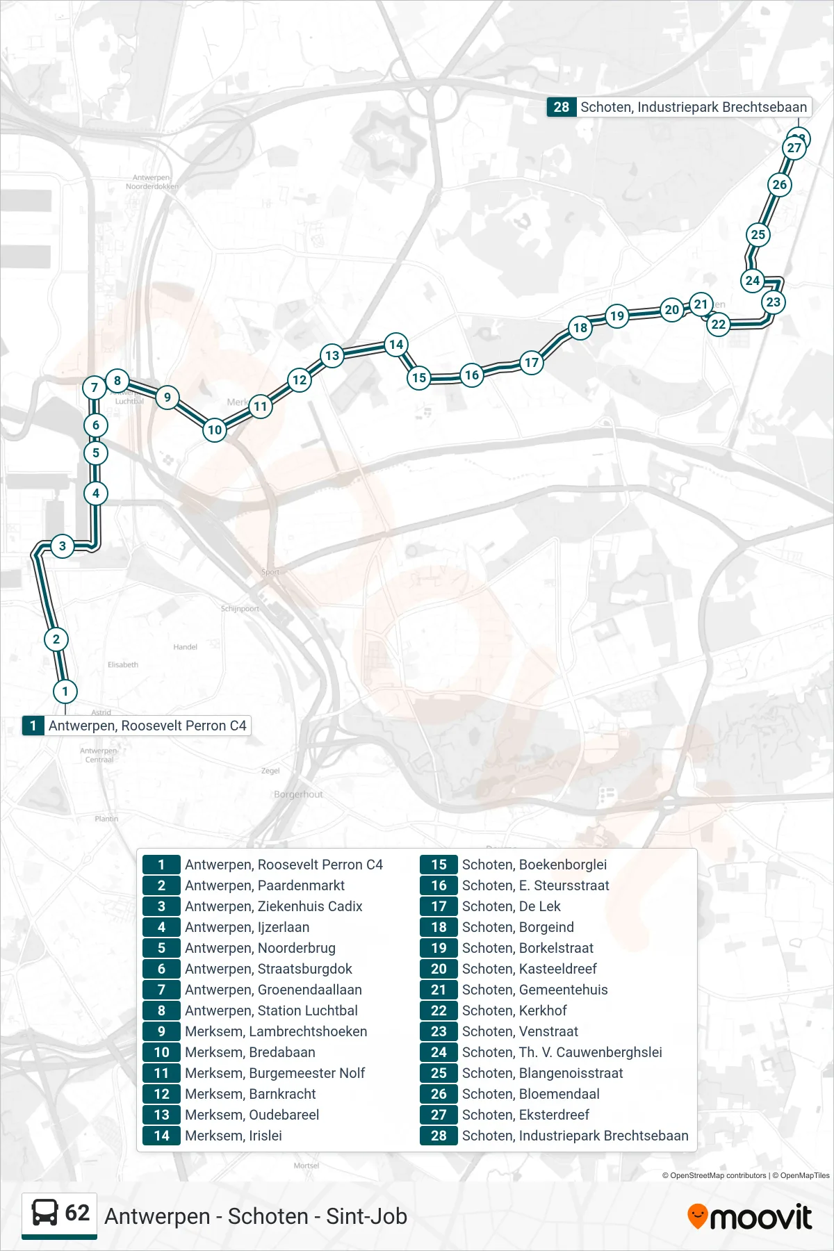 Lijn 62 (bus, Schoten Industriepark Brechtsebaan): route en haltes op de kaart