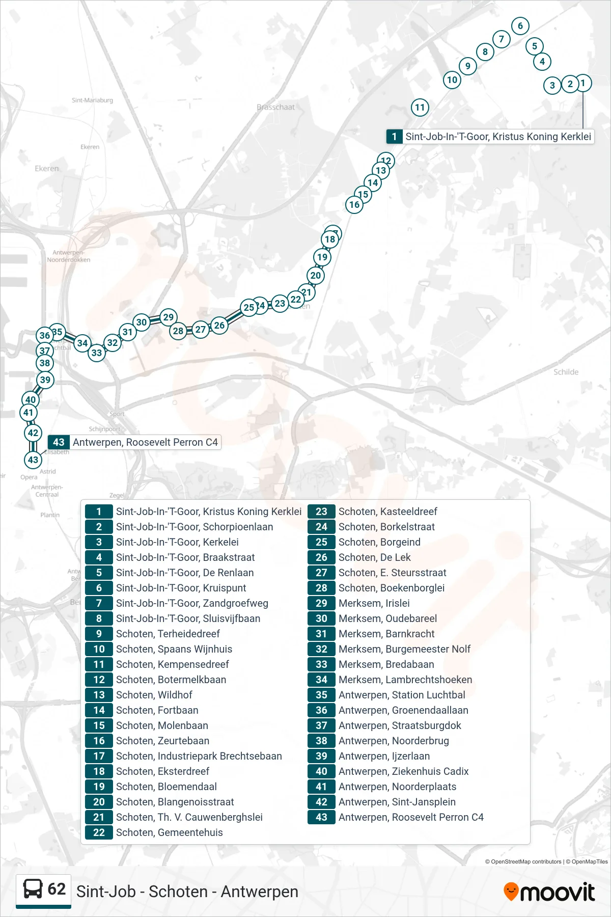 Lijn 62 (bus, Antwerpen Roosevelt Perron C4): route en haltes op de kaart
