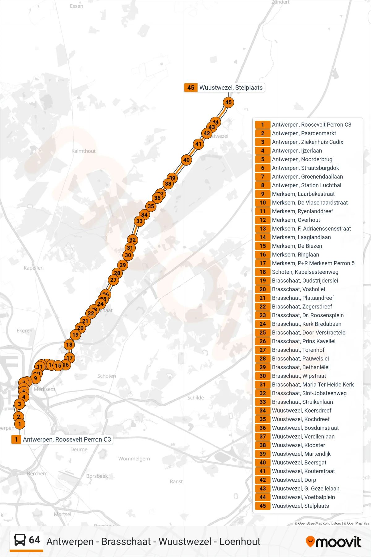Lijn 64 (bus, Wuustwezel Stelplaats): route en haltes op de kaart