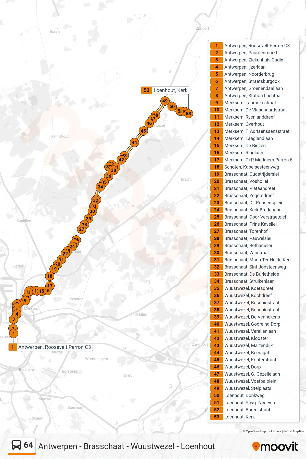 Lijn 64 (bus, Loenhout Kerk): route en haltes op de kaart