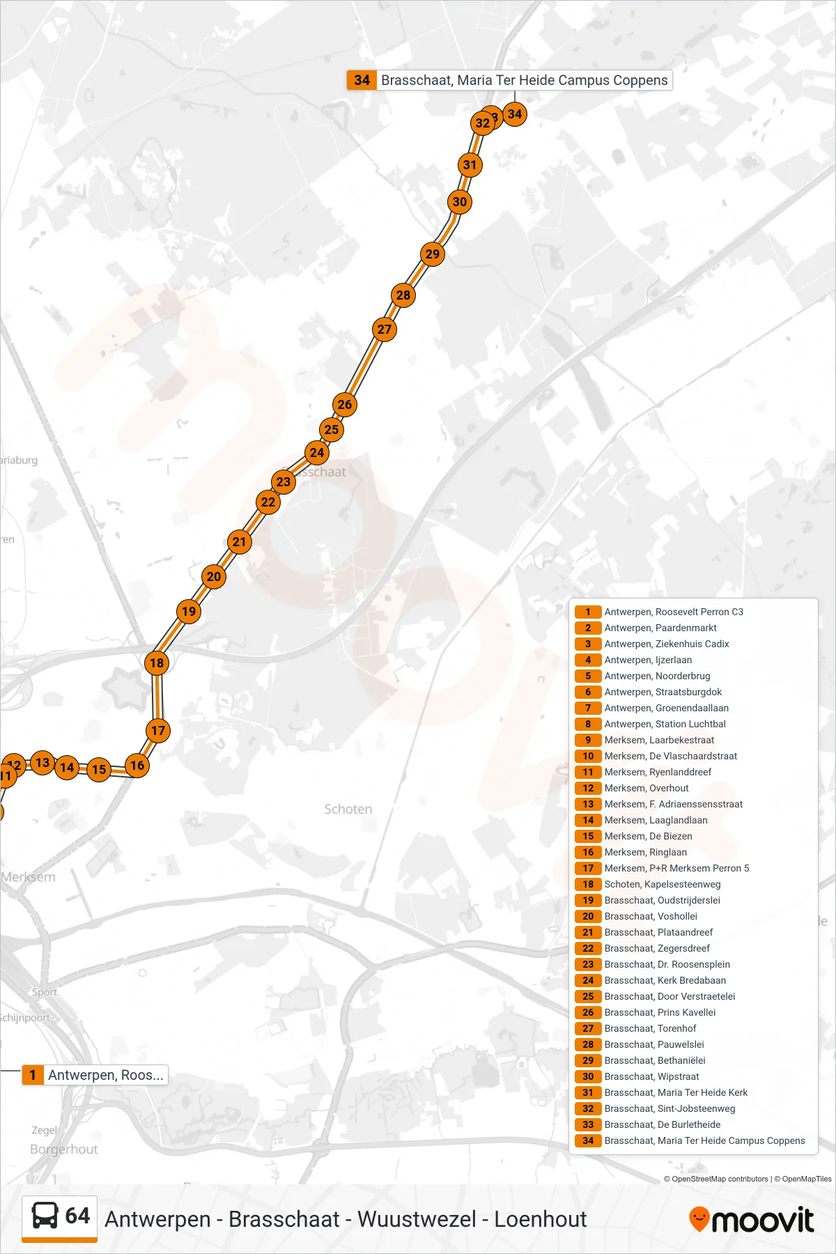 Lijn 64 (bus, Brasschaat Maria Ter Heide Campus Coppens): route en haltes op de kaart