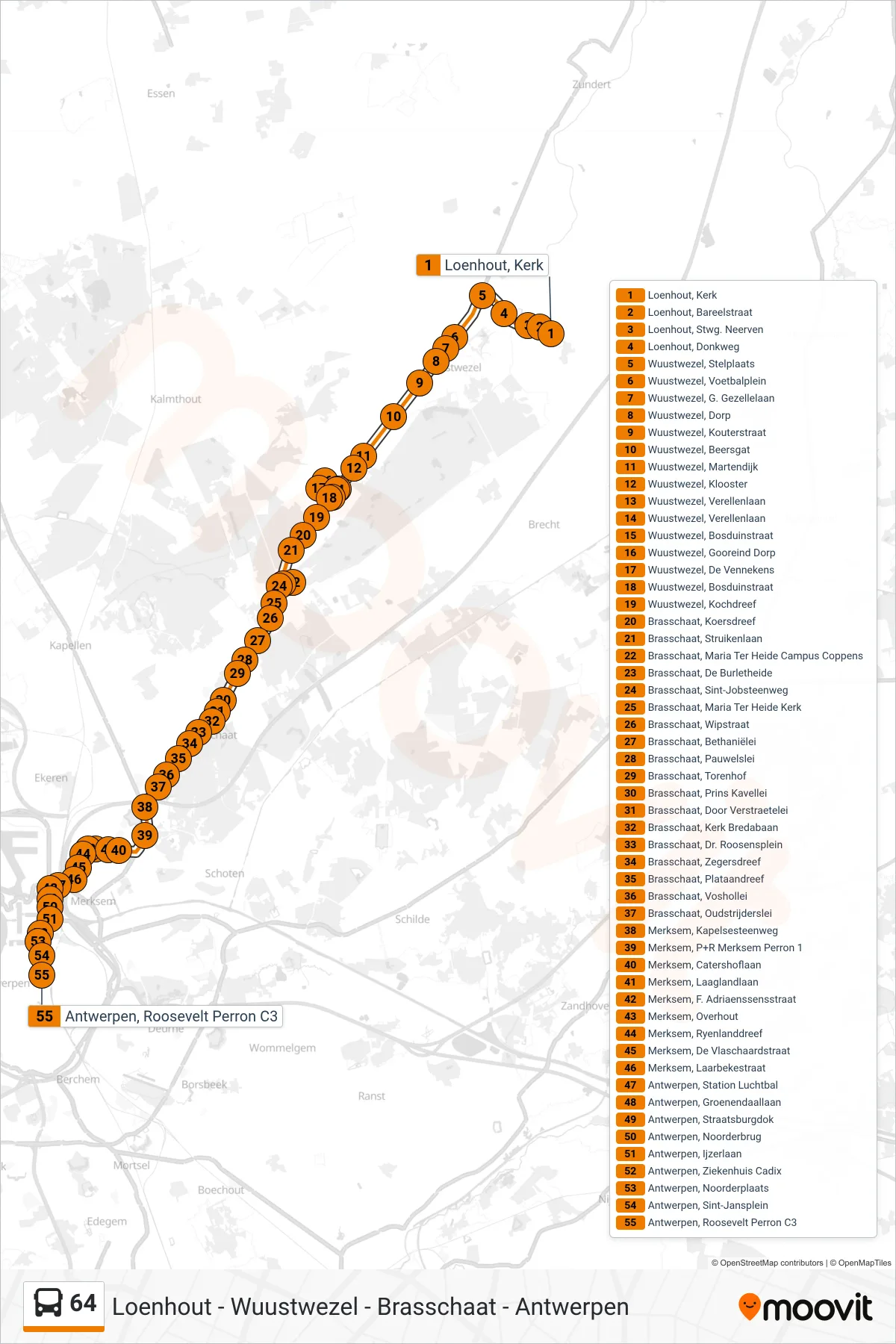 Lijn 64 (bus, Antwerpen Roosevelt Perron C3): route en haltes op de kaart