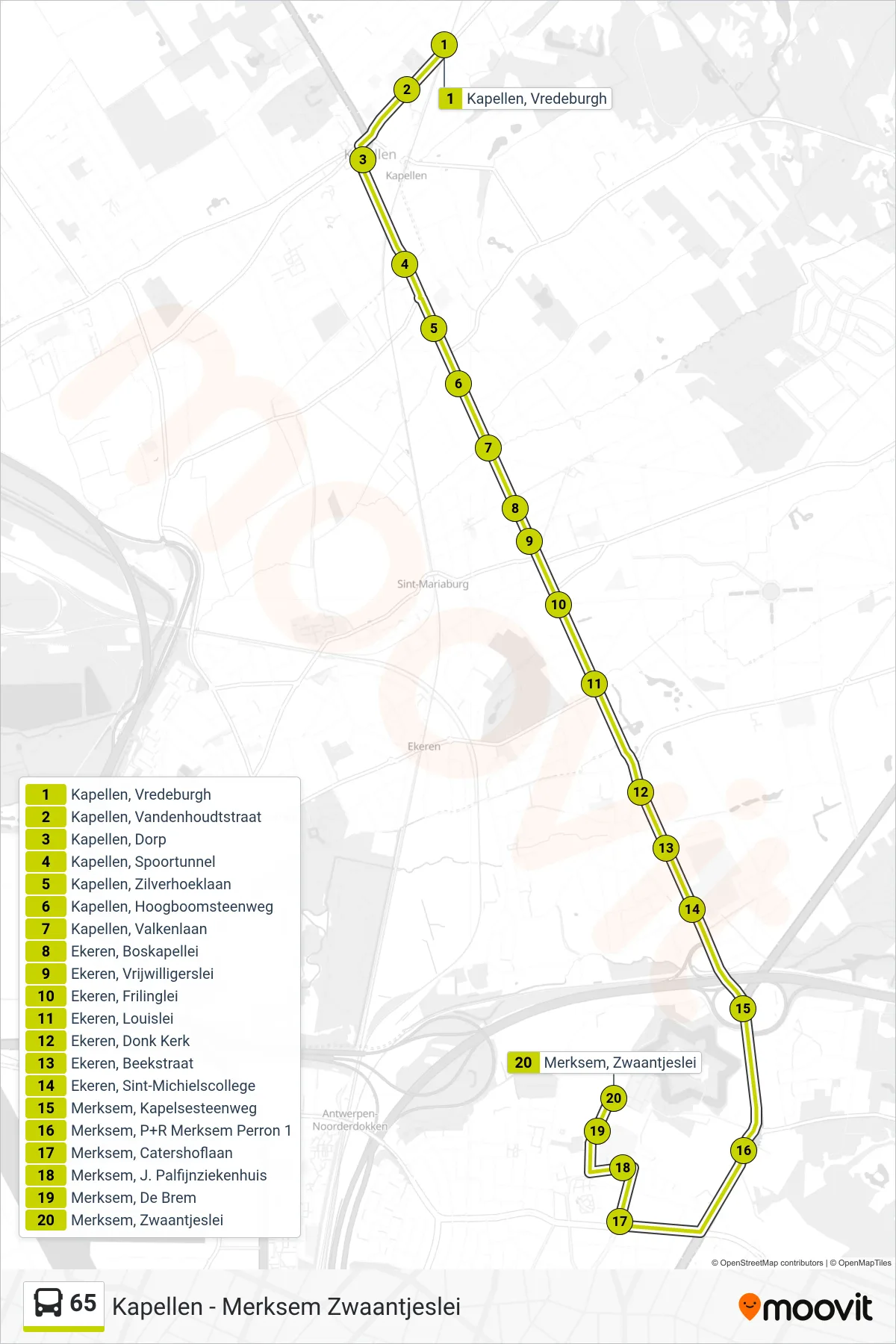 Lijn 65 (bus, Merksem Zwaantjeslei): route en haltes op de kaart