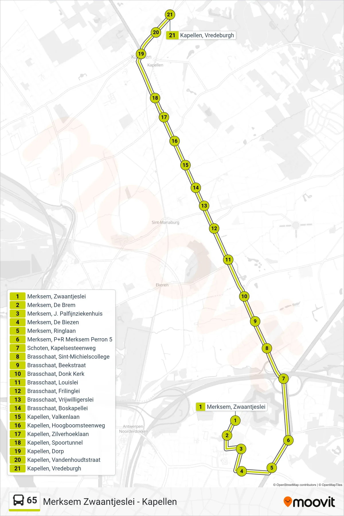 Lijn 65 (bus, Kapellen Vredeburgh): route en haltes op de kaart