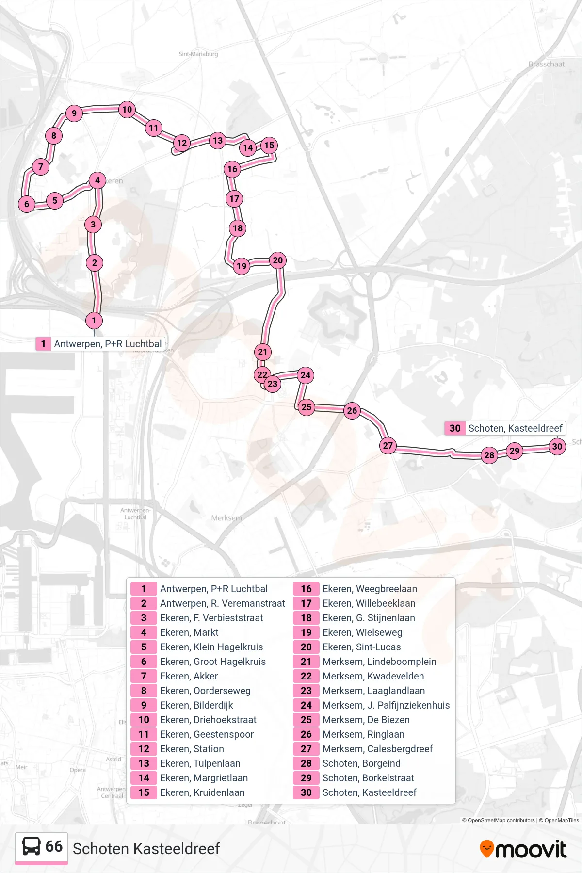 Lijn 66 (bus, Schoten Kasteeldreef): route en haltes op de kaart
