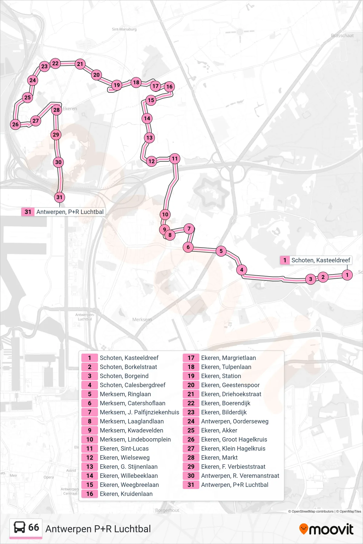 Lijn 66 (bus, Antwerpen P+R Luchtbal): route en haltes op de kaart