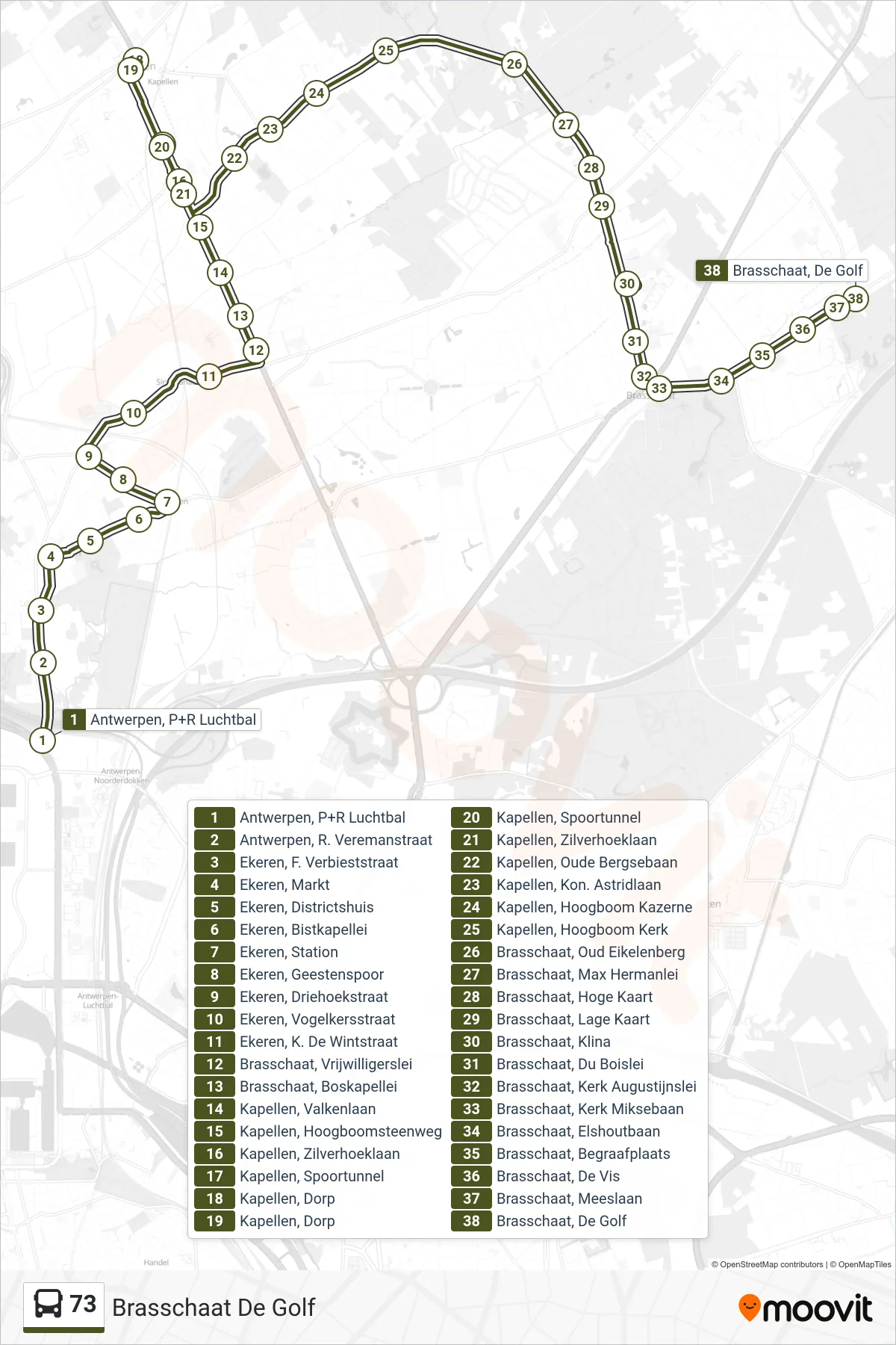 Lijn 73 (bus, Brasschaat De Golf): route en haltes op de kaart
