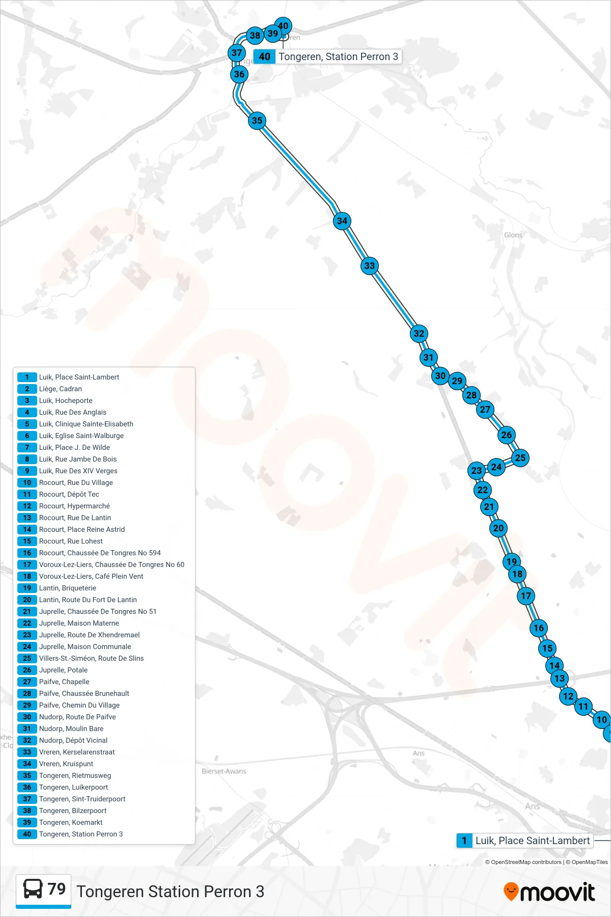 Lijn 79 (bus, Tongeren Station Perron 3): route en haltes op de kaart