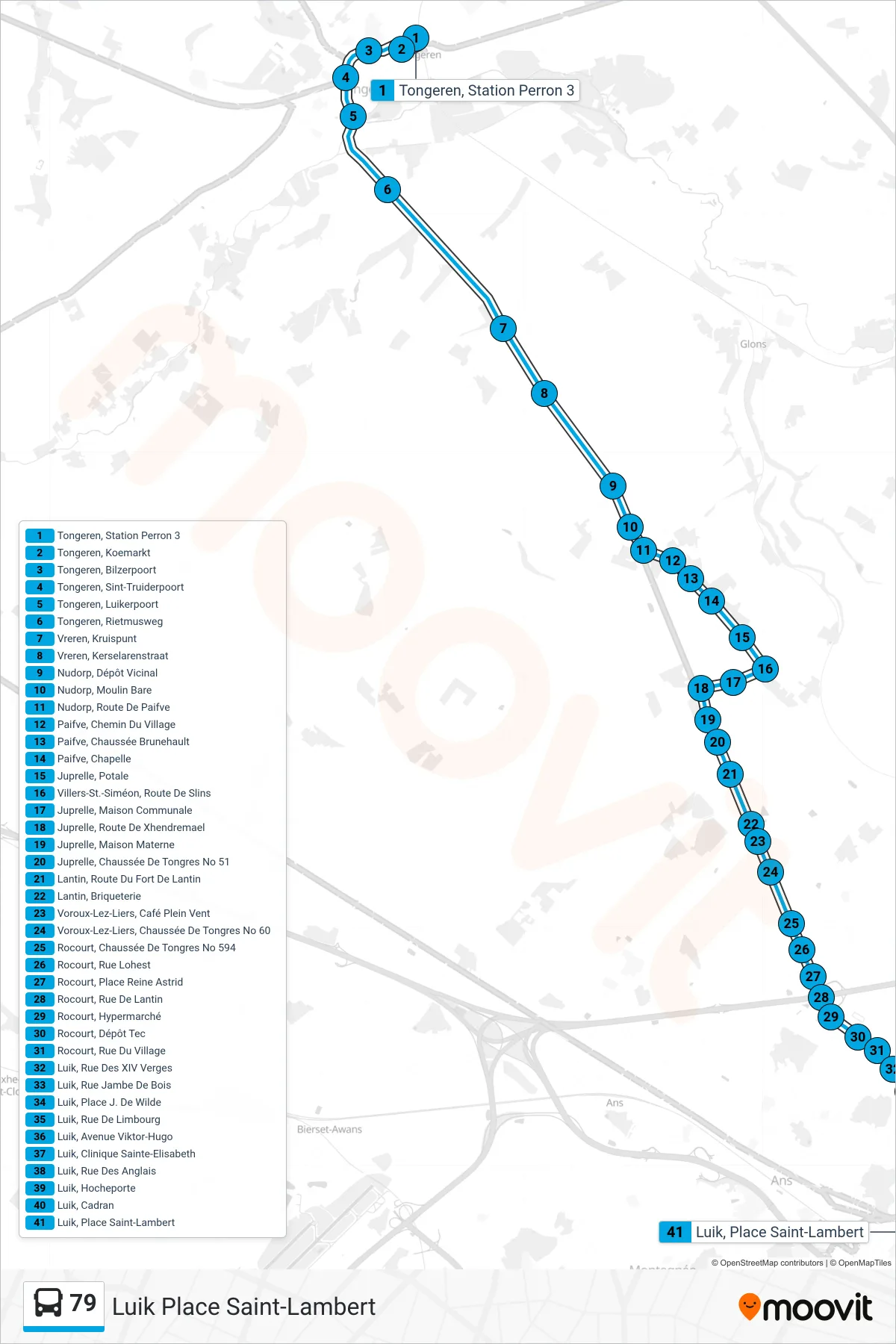 Lijn 79 (bus, Luik Place Saint-Lambert): route en haltes op de kaart